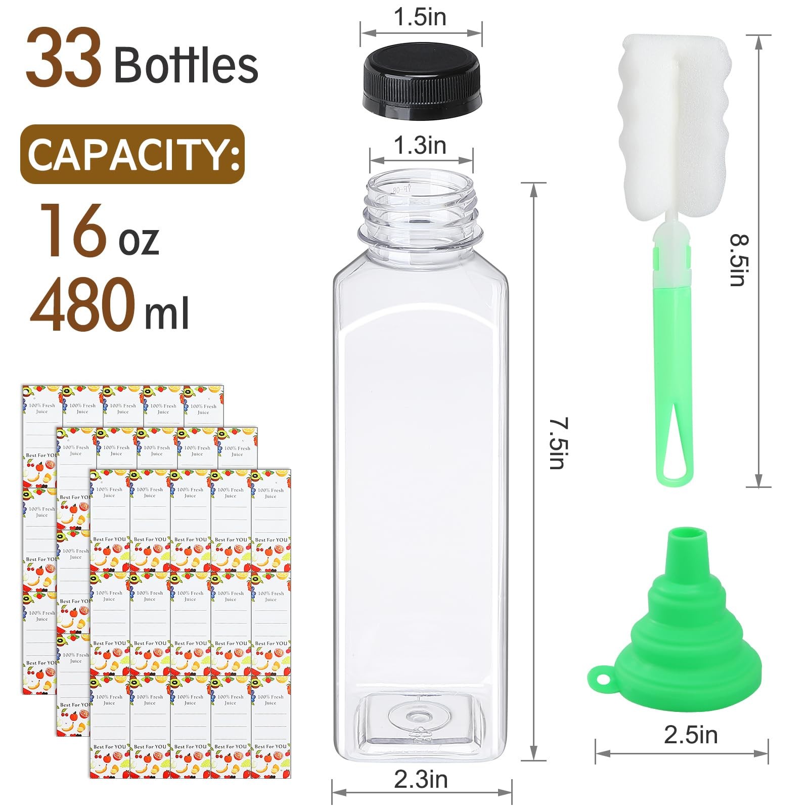33 PCS 16oz Plastic Bottles With Caps Premium Juice Containers Clear Empty