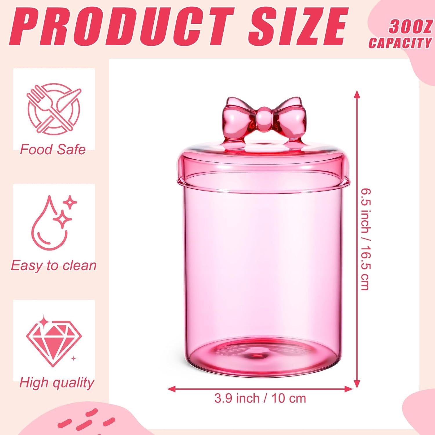 2 Pack Glass Candy Jar Storage Containers W/ Airtight Lid 30 oz Cute Food