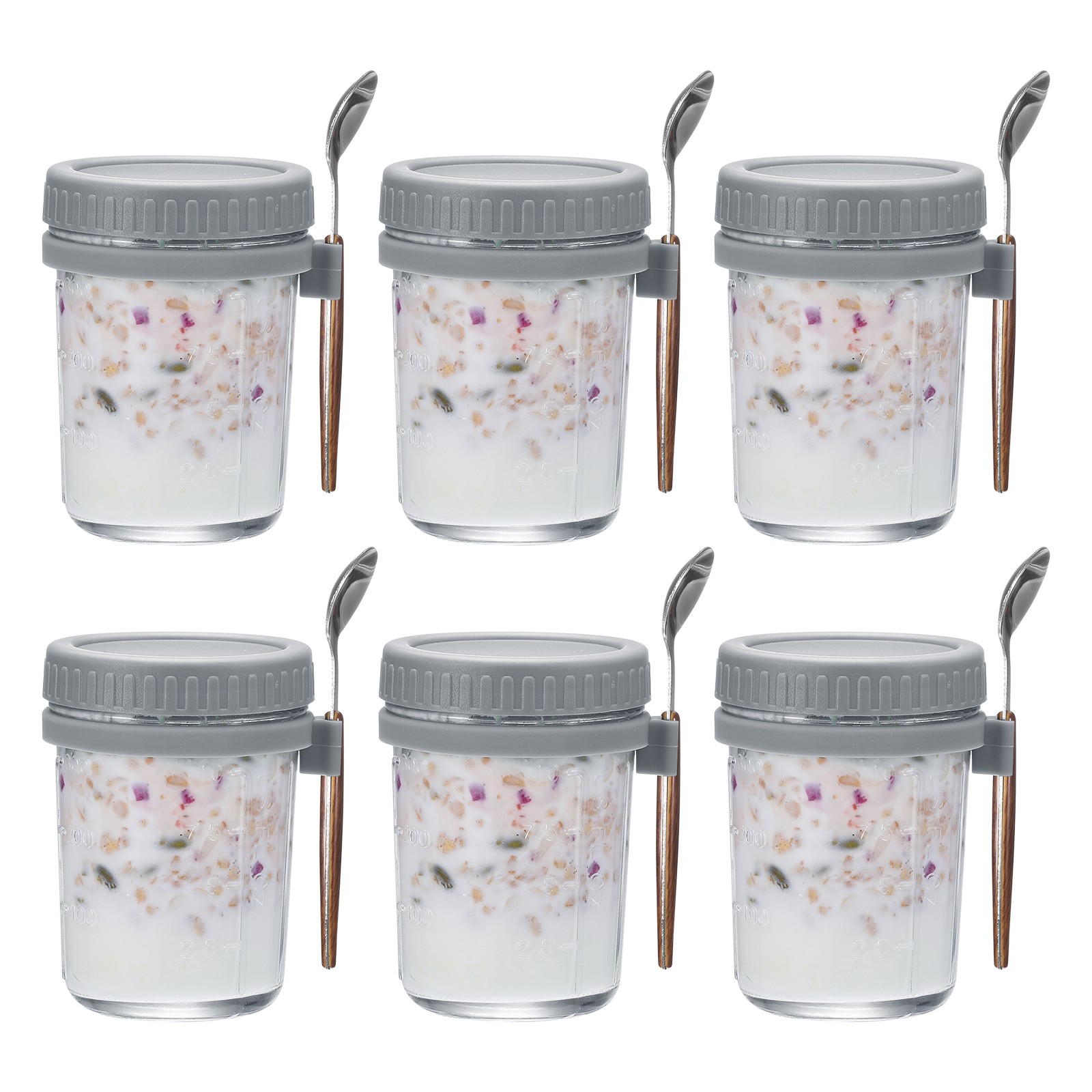 6Pcs Overnight Oats Containers with Lids 10 Oz Jars with Spoons Grey