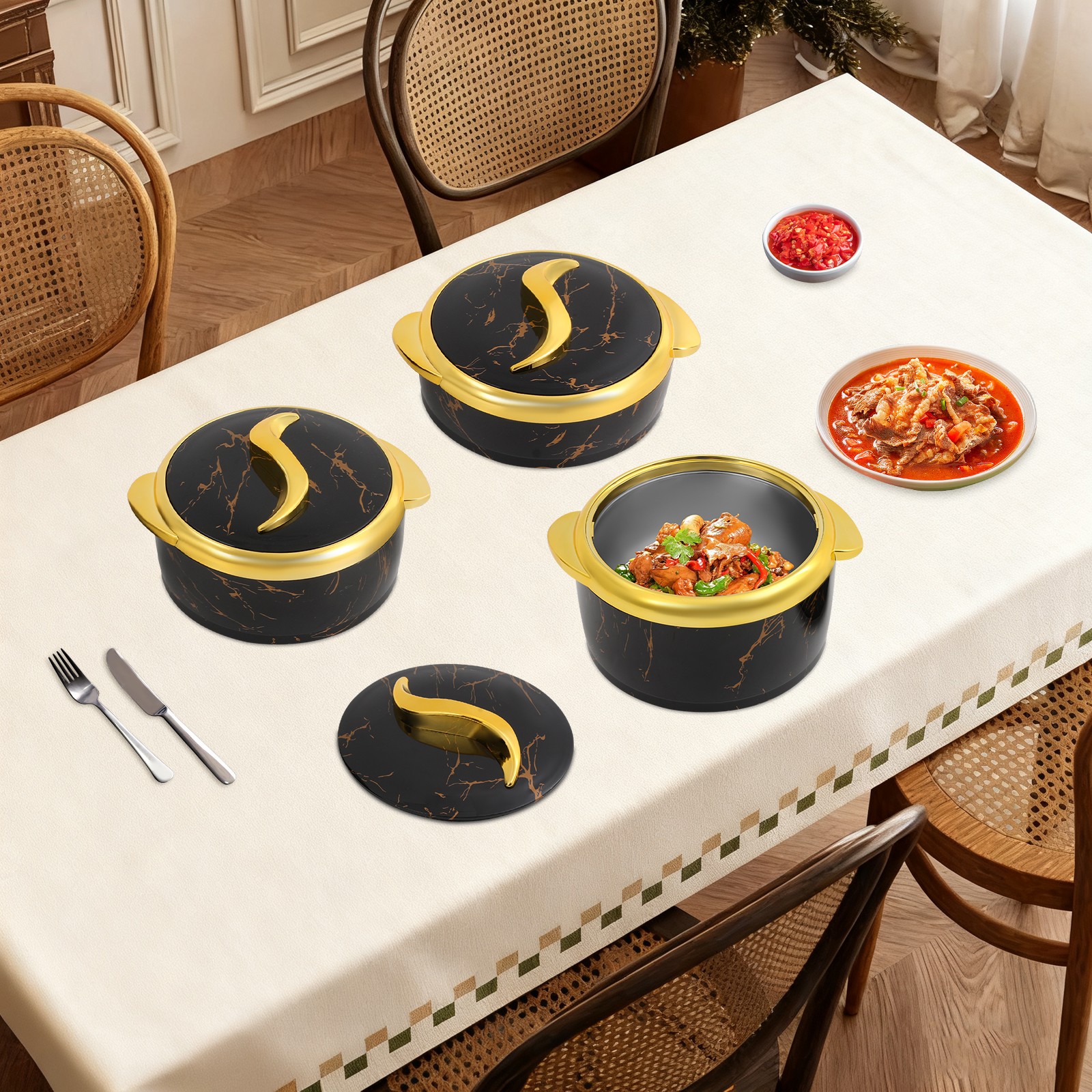 3PCS Insulated Containers Round Thermal Dish Set Hot&Cold Food w/ Lids