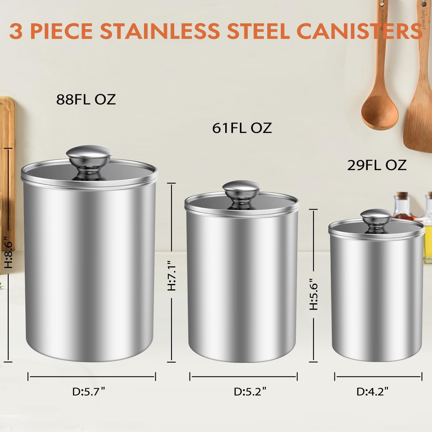 Stainless Steel Food Storage Container Set of 3, 88/61/29 oz with Clear Glass Li