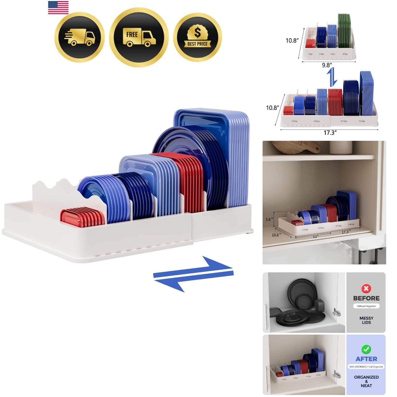 Expandable Food Storage Container Lid Organizer, Includes 6 Adjustable Divide…
