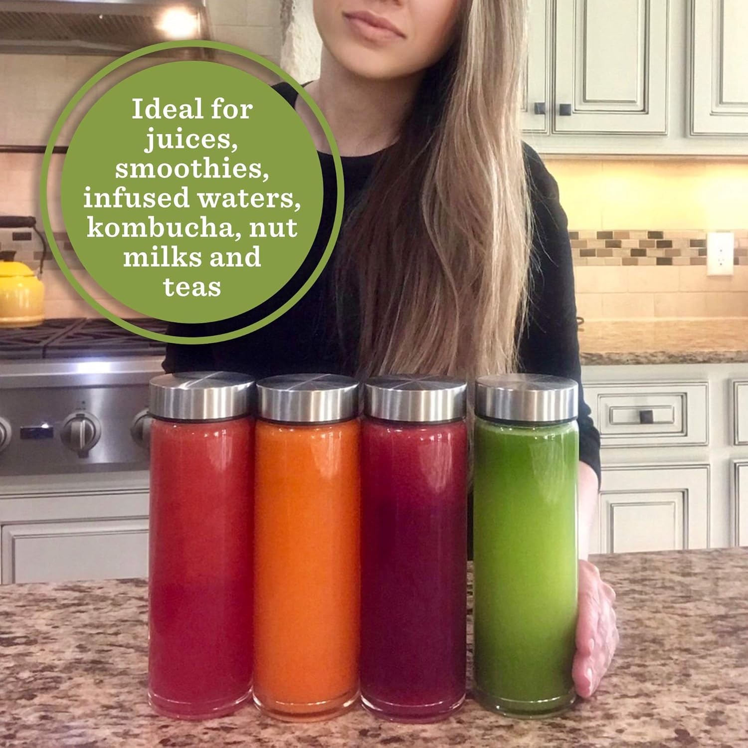 Bottles – 4 Pack Wide Mouth Glass Bottles with Lids – for Juicing, Smoothies, In