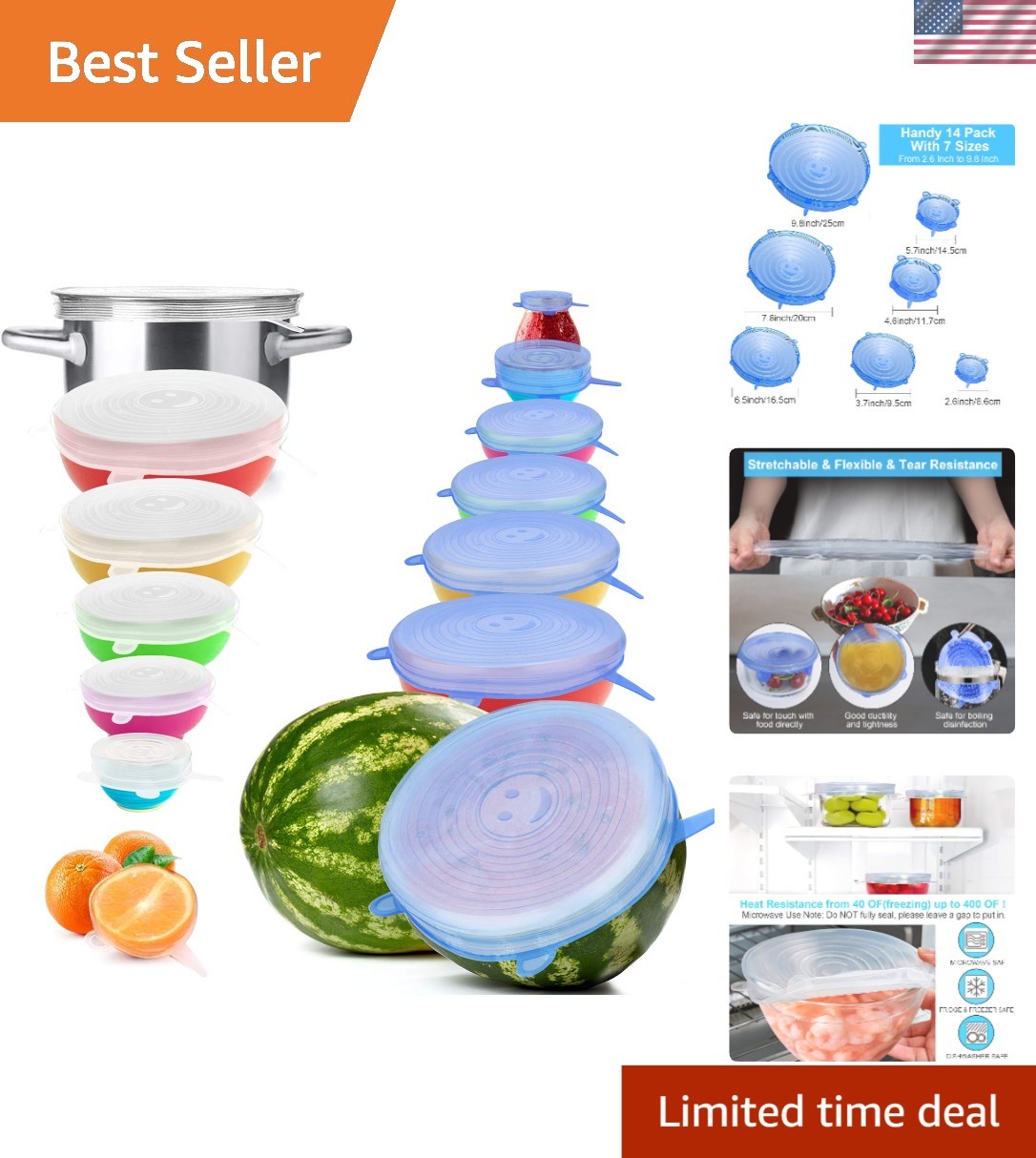 14 PCS Reusable Silicone Stretch Lids – 7 Sizes for Versatile Food Storage