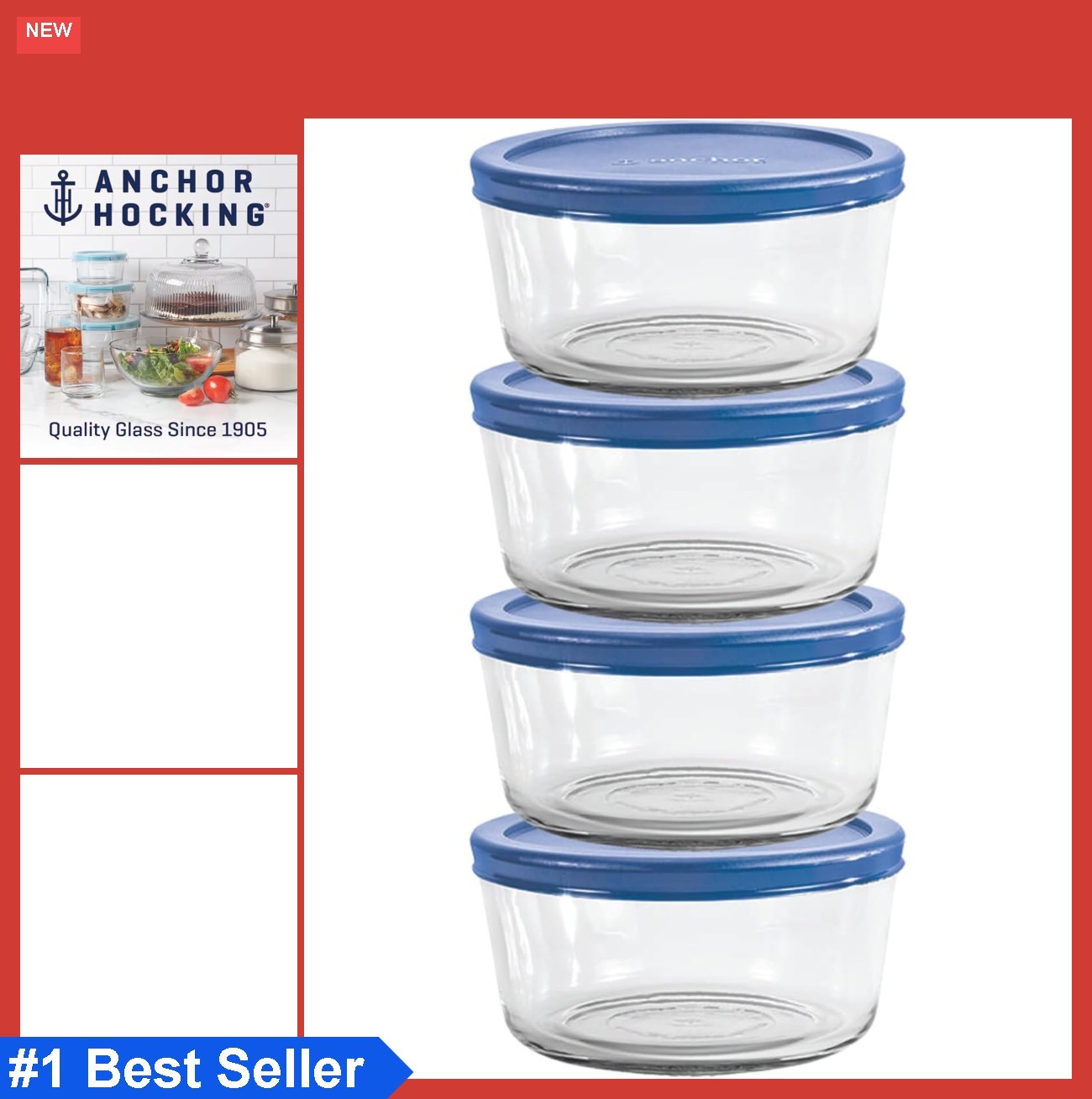 Round Glass Food Storage Containers Set of 4 2 Cup with Lids BPA Free