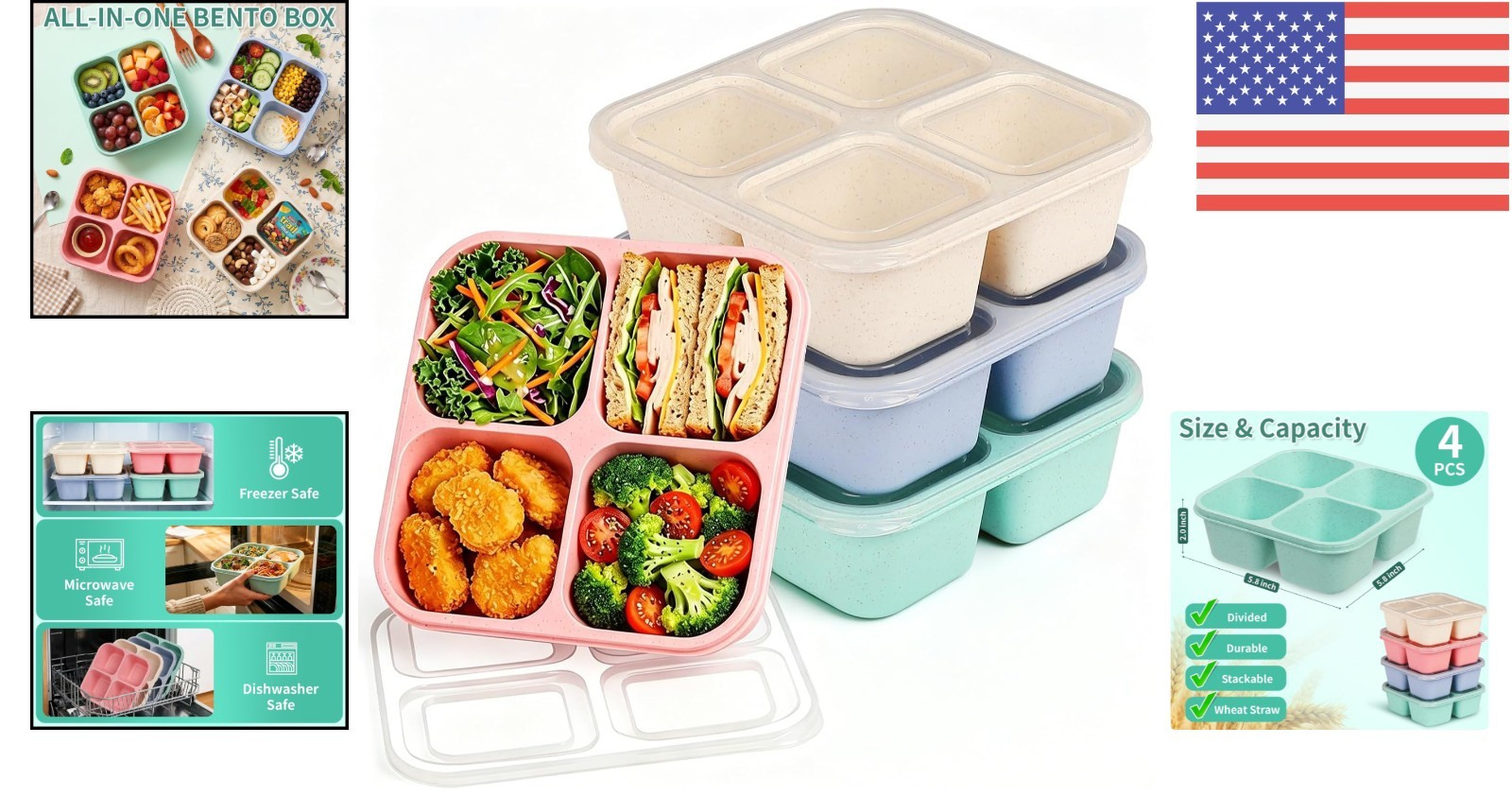 4 Pack Stackable Wheat Straw Bento Snack Containers – Dishwasher Safe & Portable