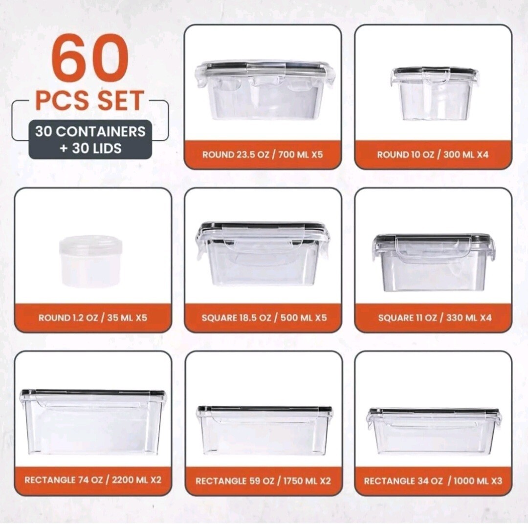 60-Piece Large Food Storage Containers Set Leakproof BPA-Free Plastic Snap Lid