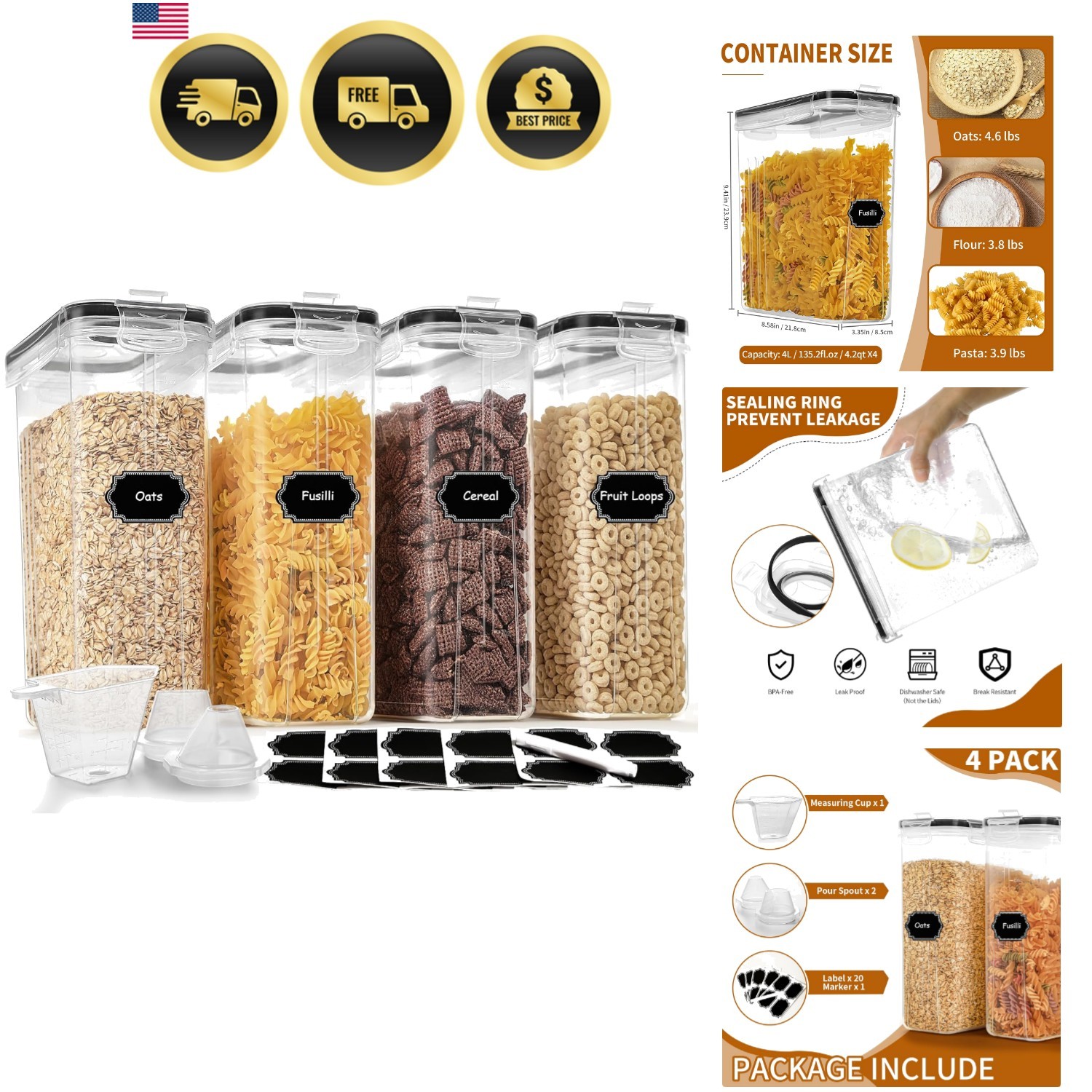 Elegant Airtight Food Storage Set – 4L Cereal Containers with Labels & Spouts