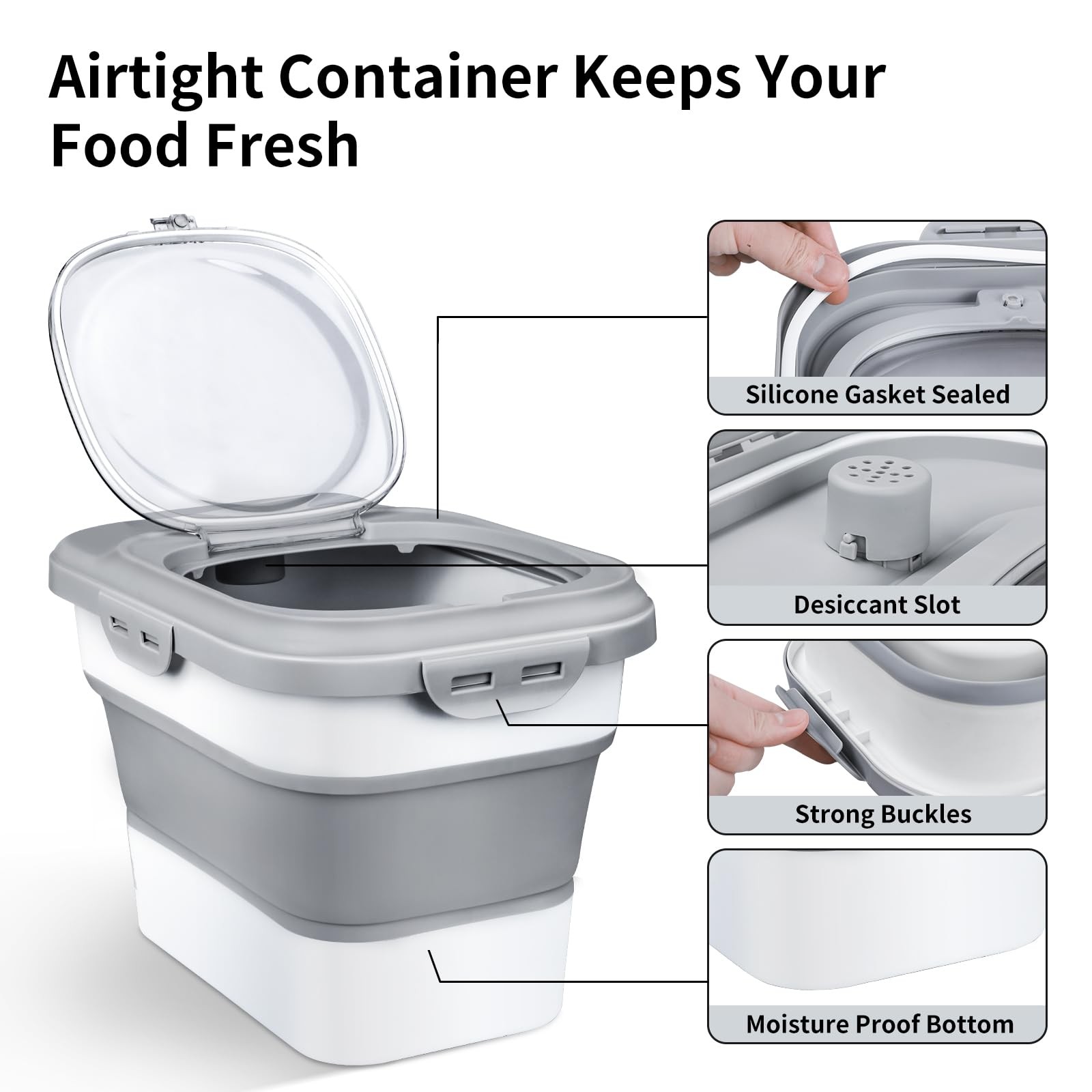 Komzon Rice Storage Container, Collapsible Airtight Food Gray