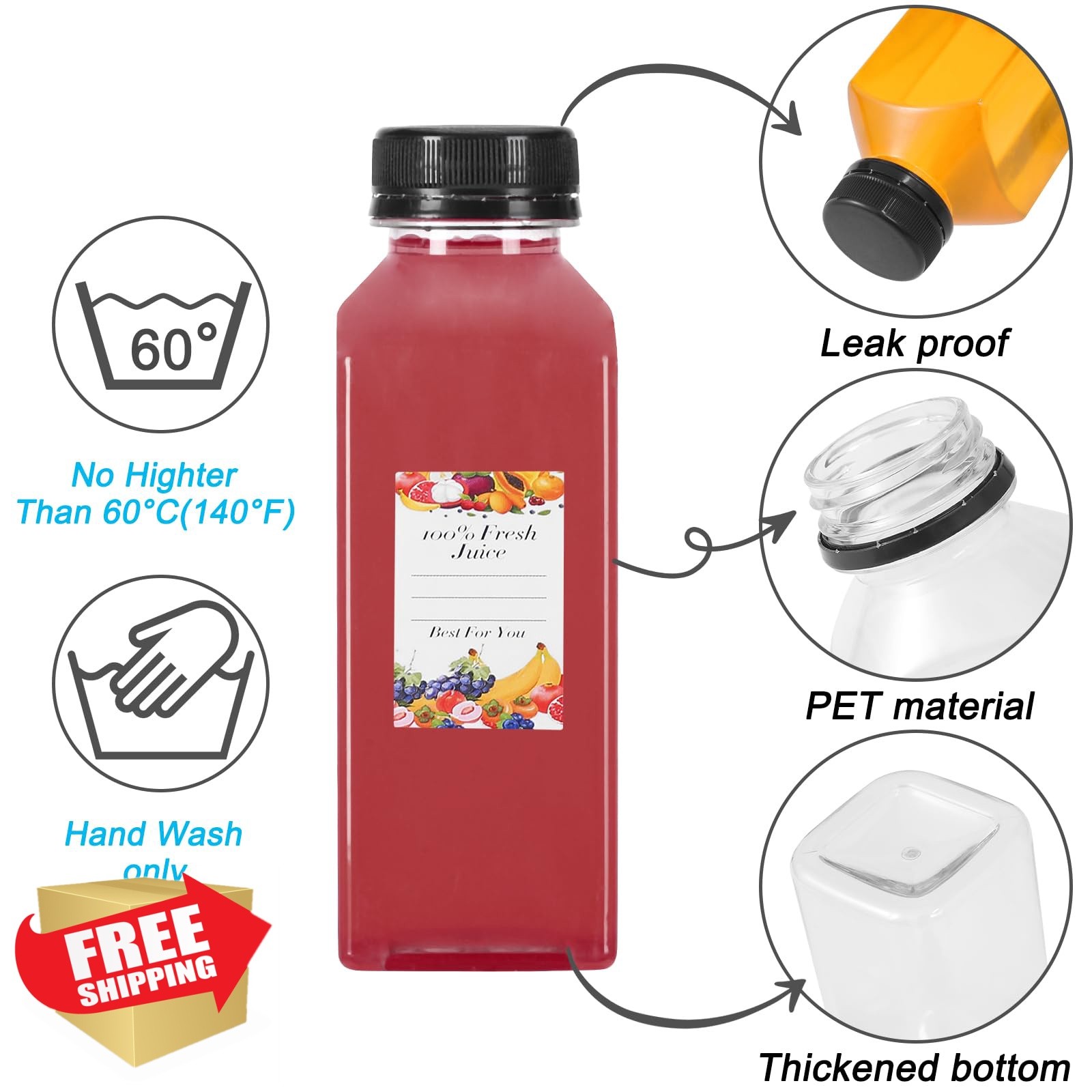 Janisfirst 12oz Plastic Juice Bottles 48pc Black Caps