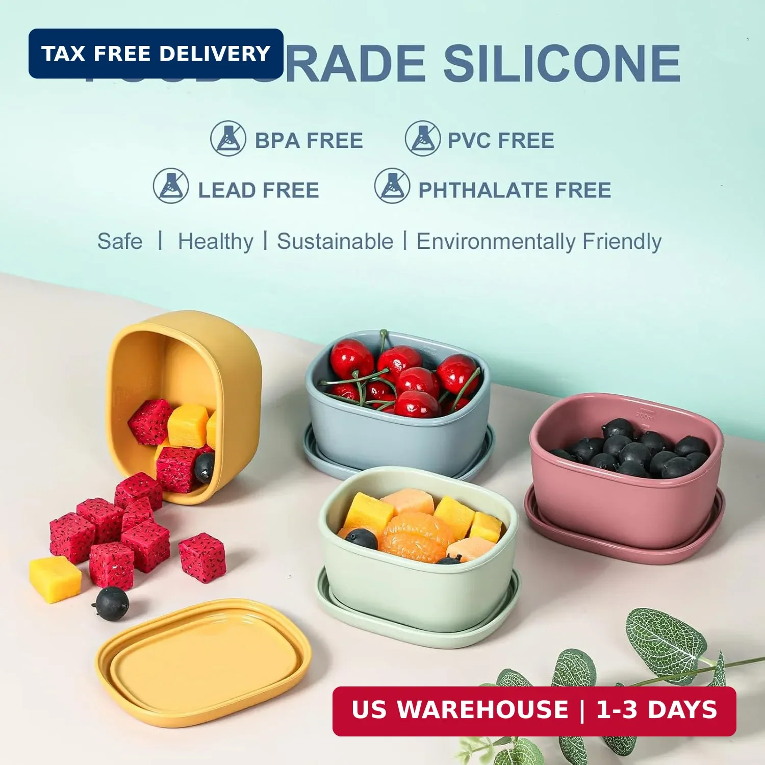 Silicone Snack Containers Set of 4 Kids 7oz Stackable Lunch Leakproof BPA Free