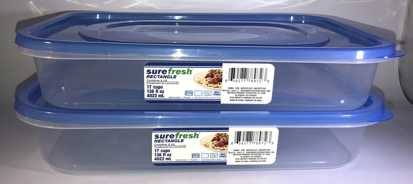 2ea 17 Cups/136 oz ea Sure Fresh Dry/Cold/Freezer Food Storage Containers W Lids