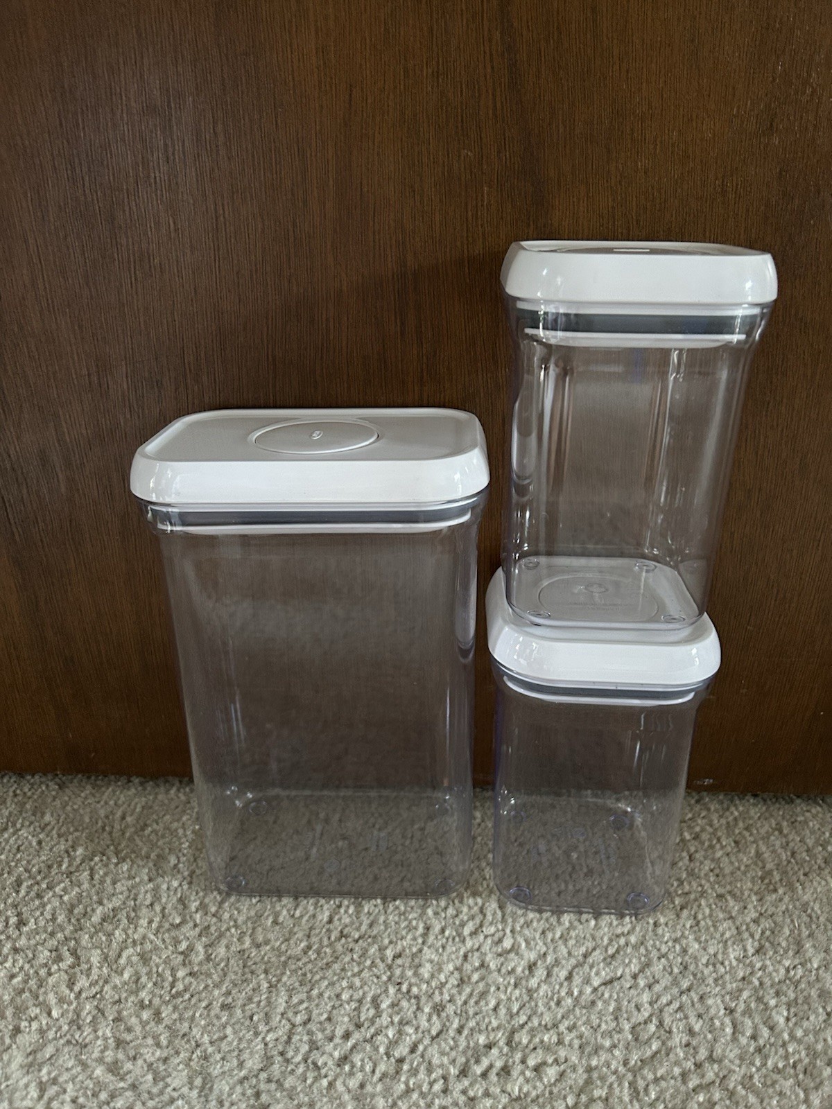 OXO Set of 3 Clear/White Snap Lid Stackable Plastic Containers 4x4x4.5