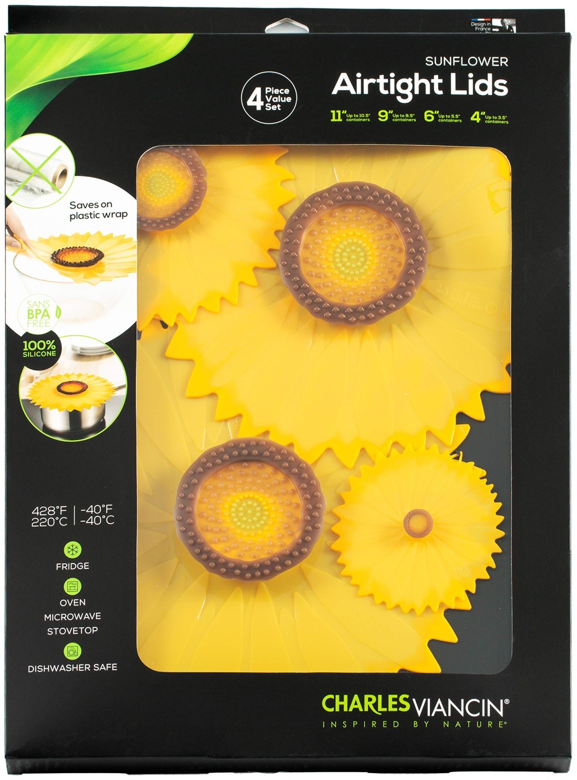 Set of 4 Silicone Food Storage Lids – Airtight Seal, Sunflower Design, 11”-4”