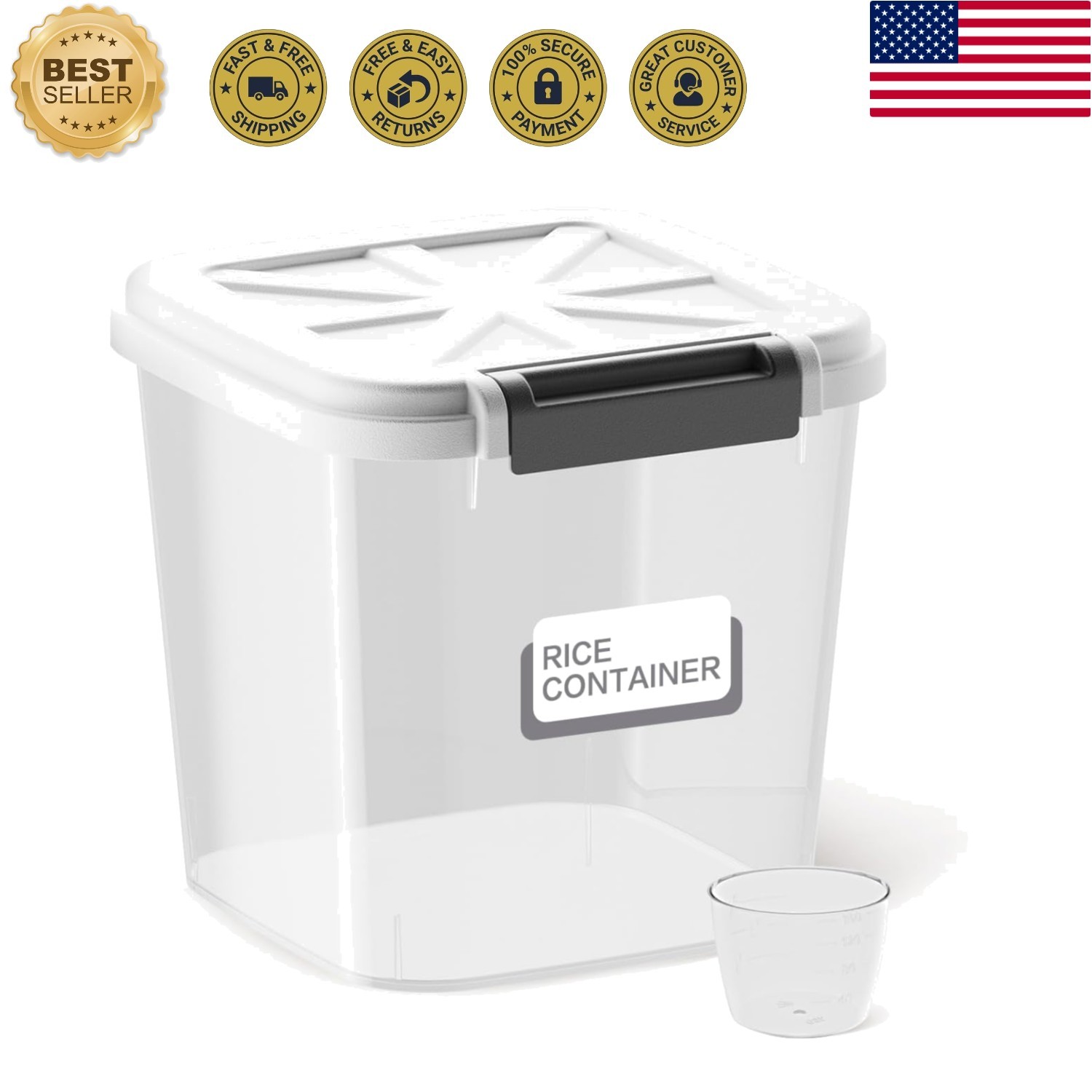 Rice Container – Flour Rice Dispenser 20lbs/10kg/10.6qt Food Grain Cereal Bin…