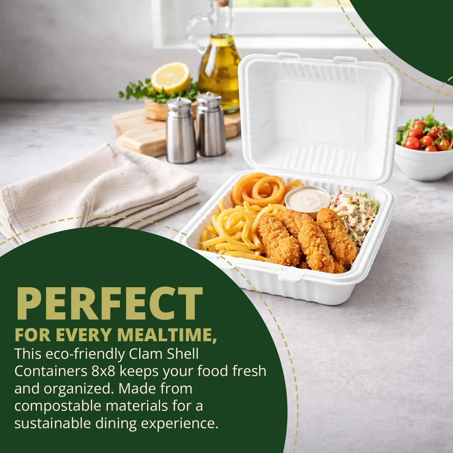 Naturawave Essentials 8″ x 8″ Compostable Clamshell Food Containers 50-Pack