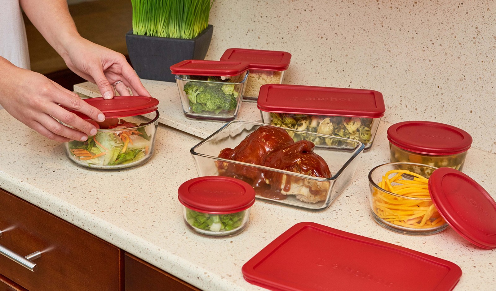 Glass Food Storage Containers with Lids, Red, 16-Piece Set