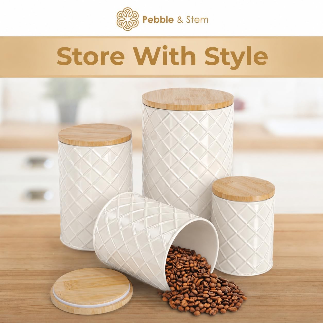 Pebble & Stem® Cream Metal Canister Set for the Kitchen Counter, Food Caniste…