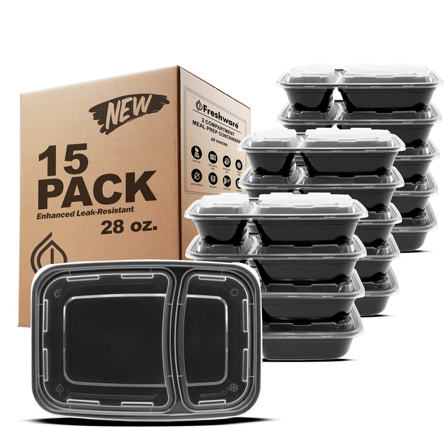 Freshware Meal Prep Containers [15 Pack] 2 Compartment One Size, 28OZ_15PK