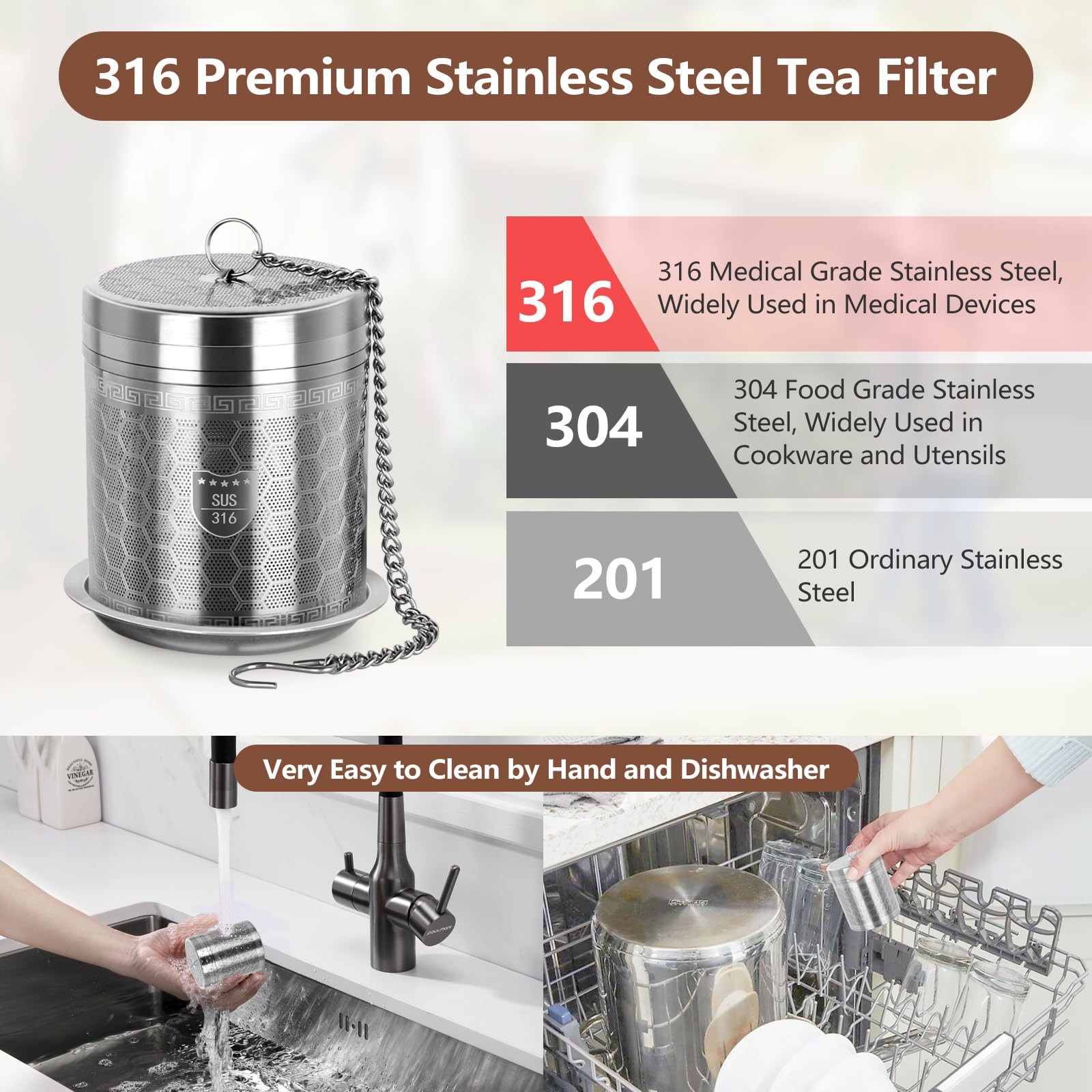 316 Stainless Steel Tea Strainer for Loose Leaf (1, Large) Large, Silver