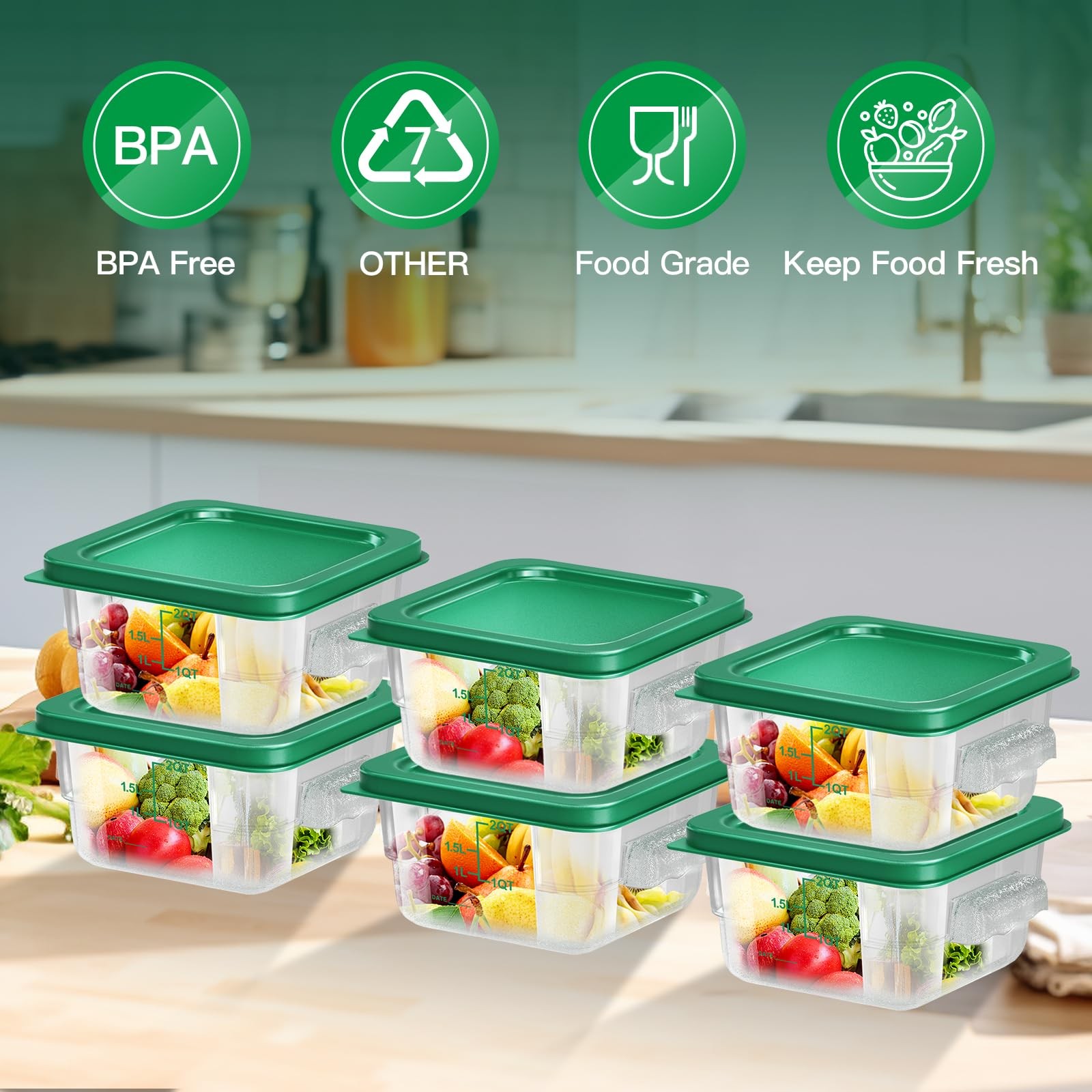 FeyBuosk 6 pcs 2qt Food Storage 2 Qt, 7.48″ x 3.95 inches, A1-2QT-6PCS-GREEN