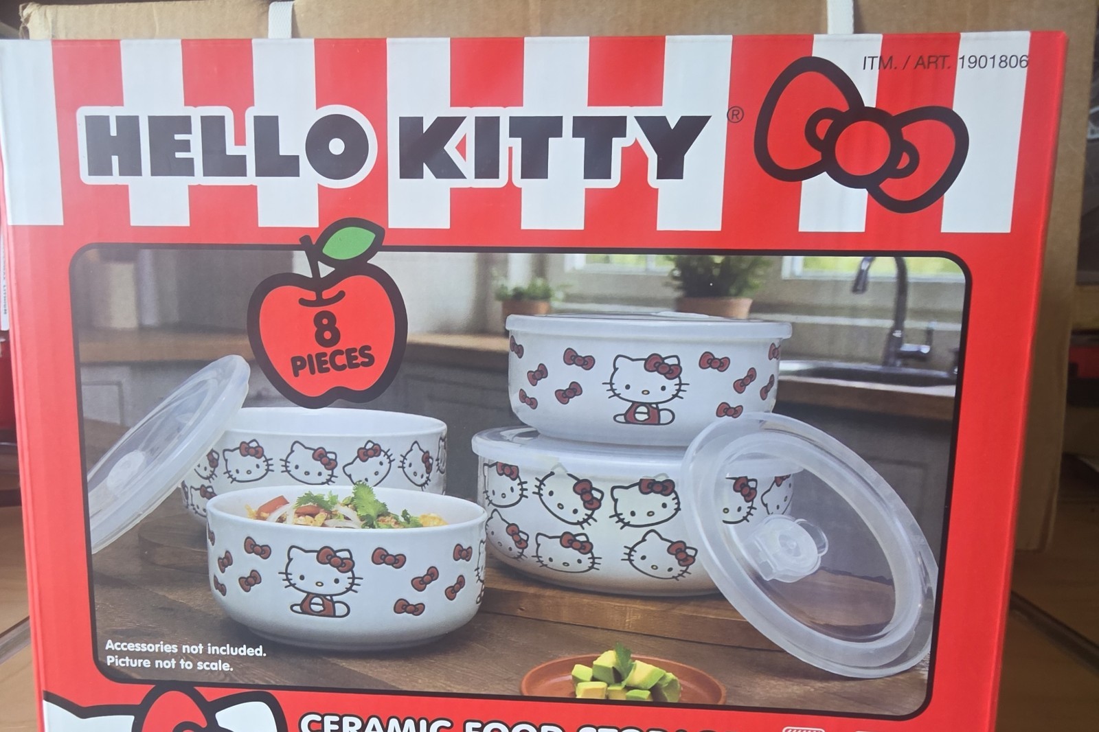 Hello Kitty Ceramic Bowl Set w/ Snap Lids 8pc White/Red/Clear Med/Lg