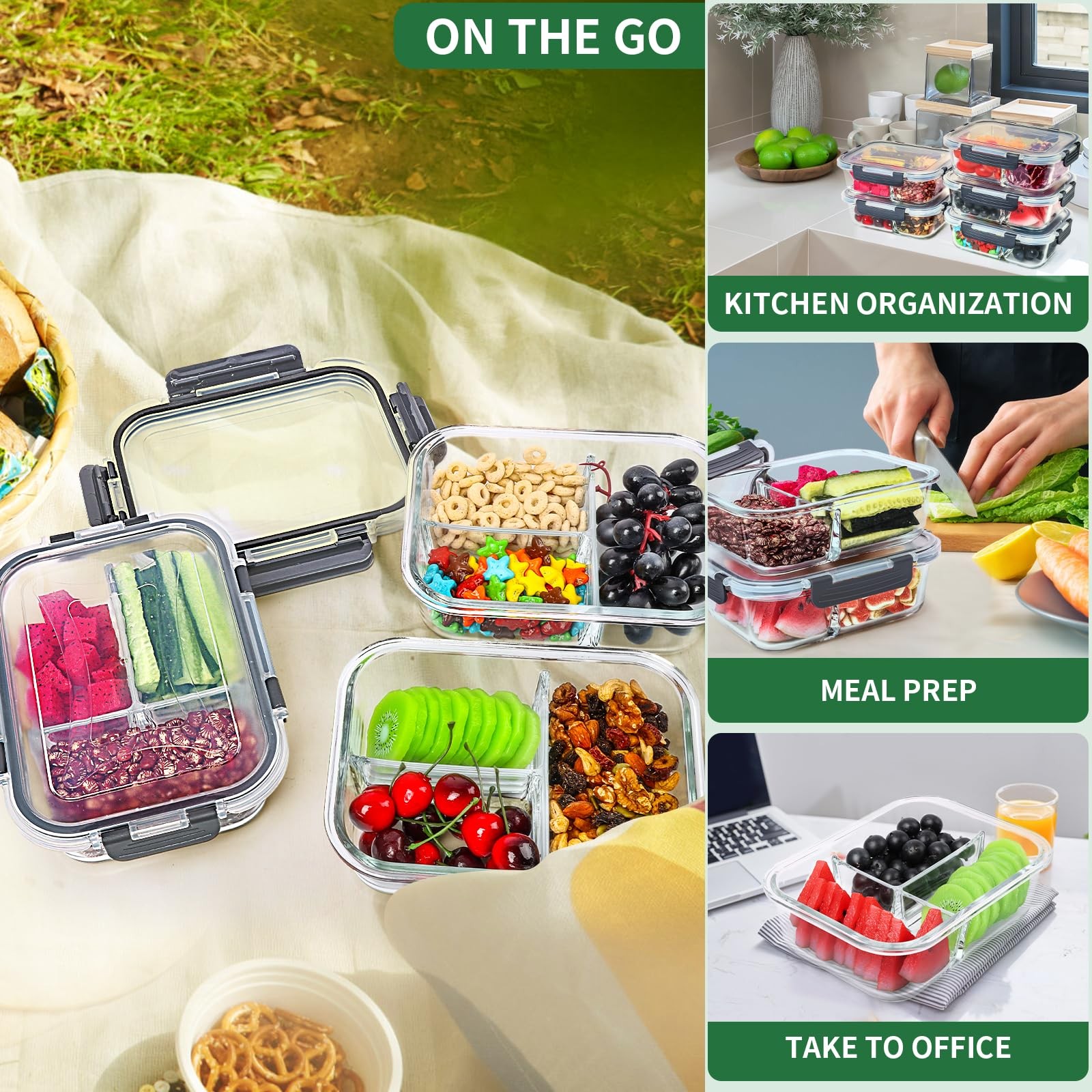 5-Packs 36OZ Glass Airtight Food Storage Containers 3 Compartments, Meal Prep…