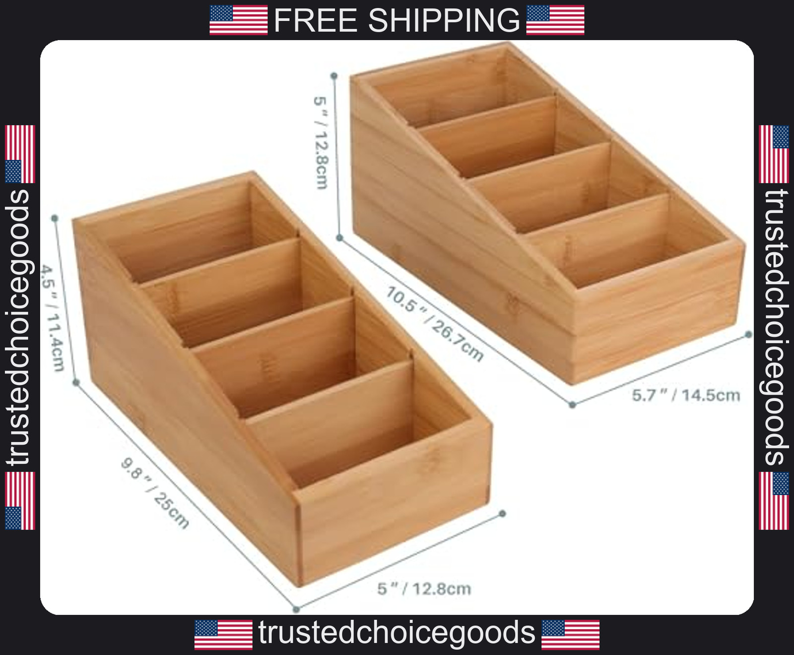 Set of 2 Bamboo Pantry Organizers with Removable Dividers for Kitchen Storage