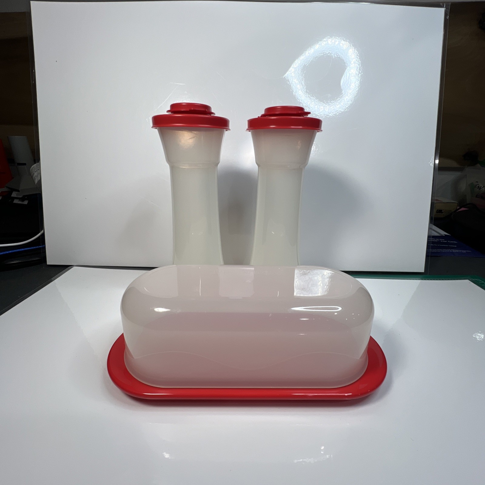 TUPPERWARE salt and pepper shakers & butter dish Red Frosted White