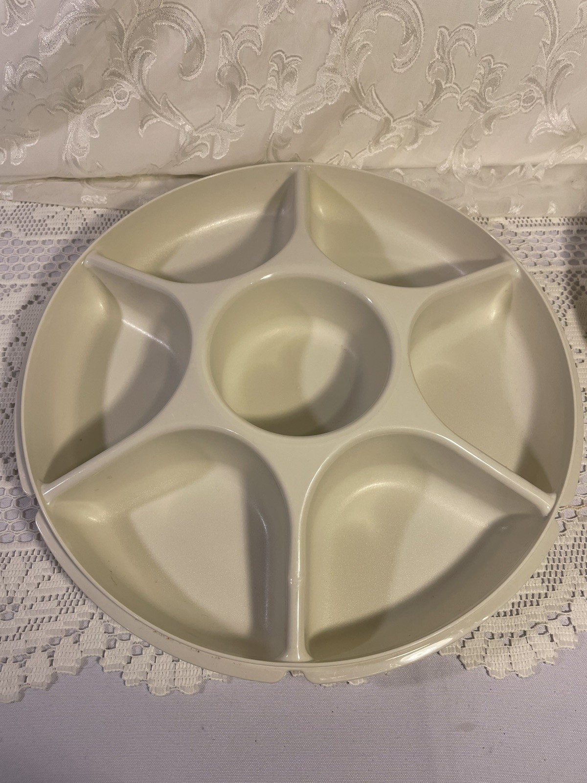 Vintage Tupperware 6 Section Snack Serving Tray Almond Lazy Susan Dip Center