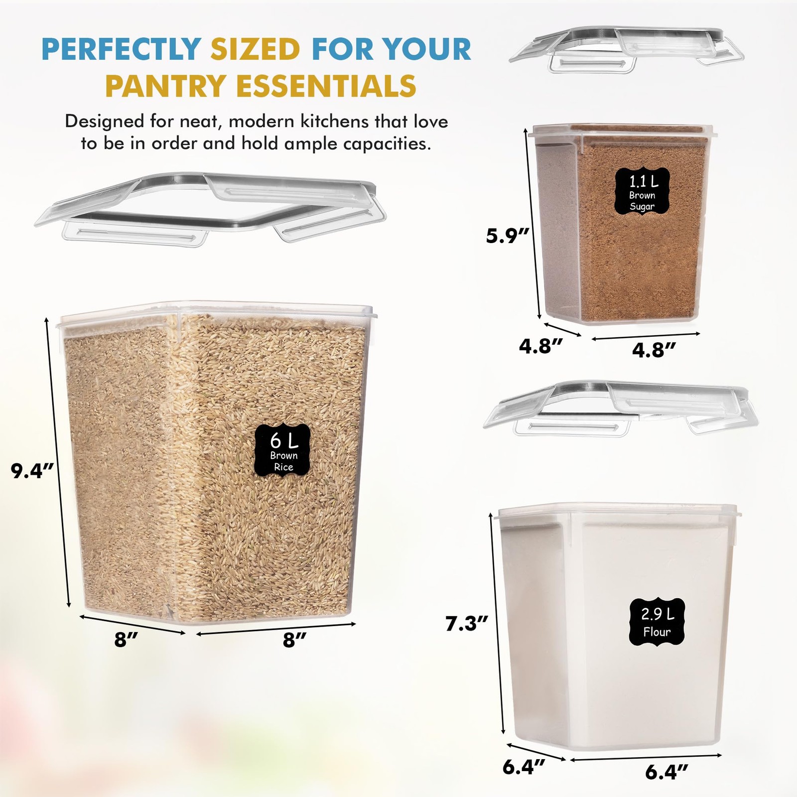 Flour Sugar Storage Containers Set of 3 (6L, 2.9L, 1.1L) Large Airtight Food