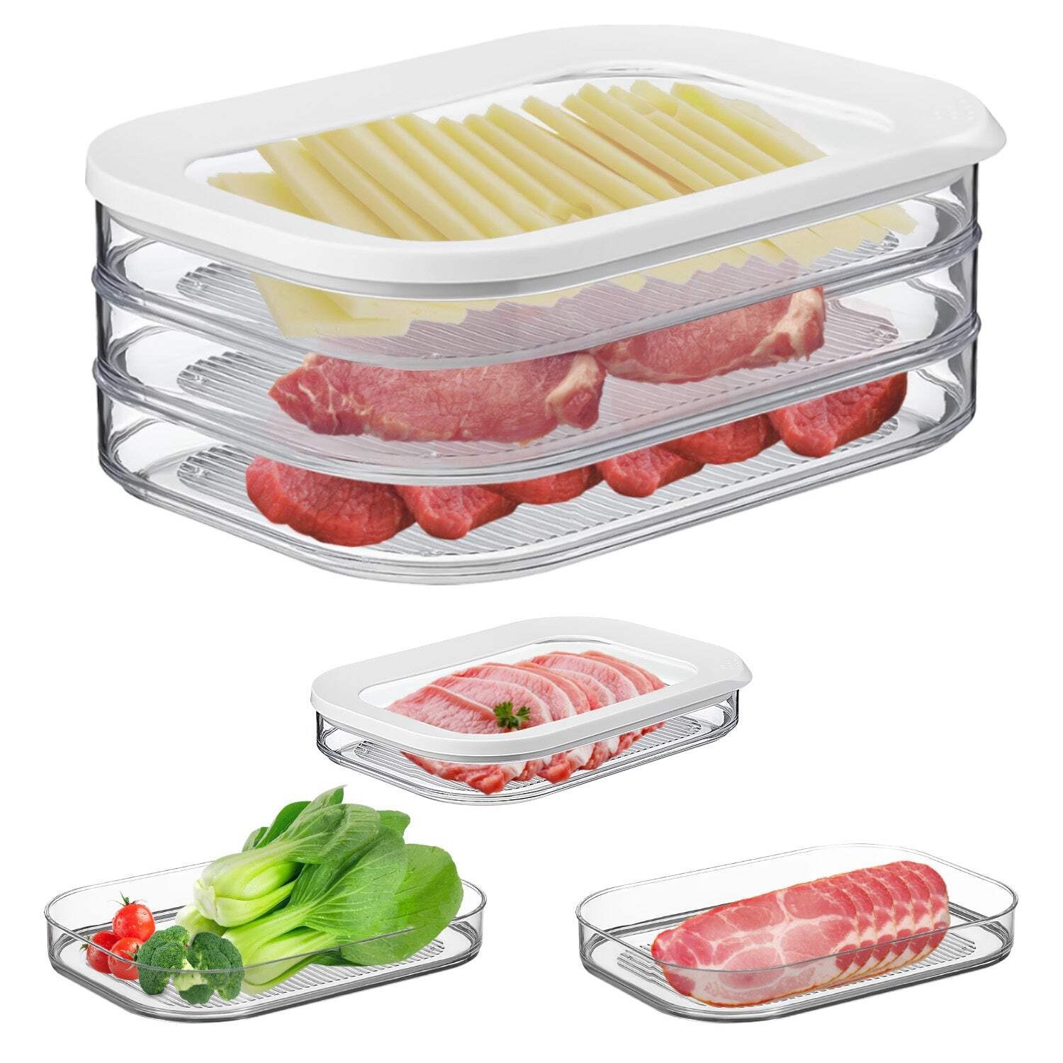 2Pcs Deli Meat Container With Lid for Fridge Stackable Bacon Container Clear Foo