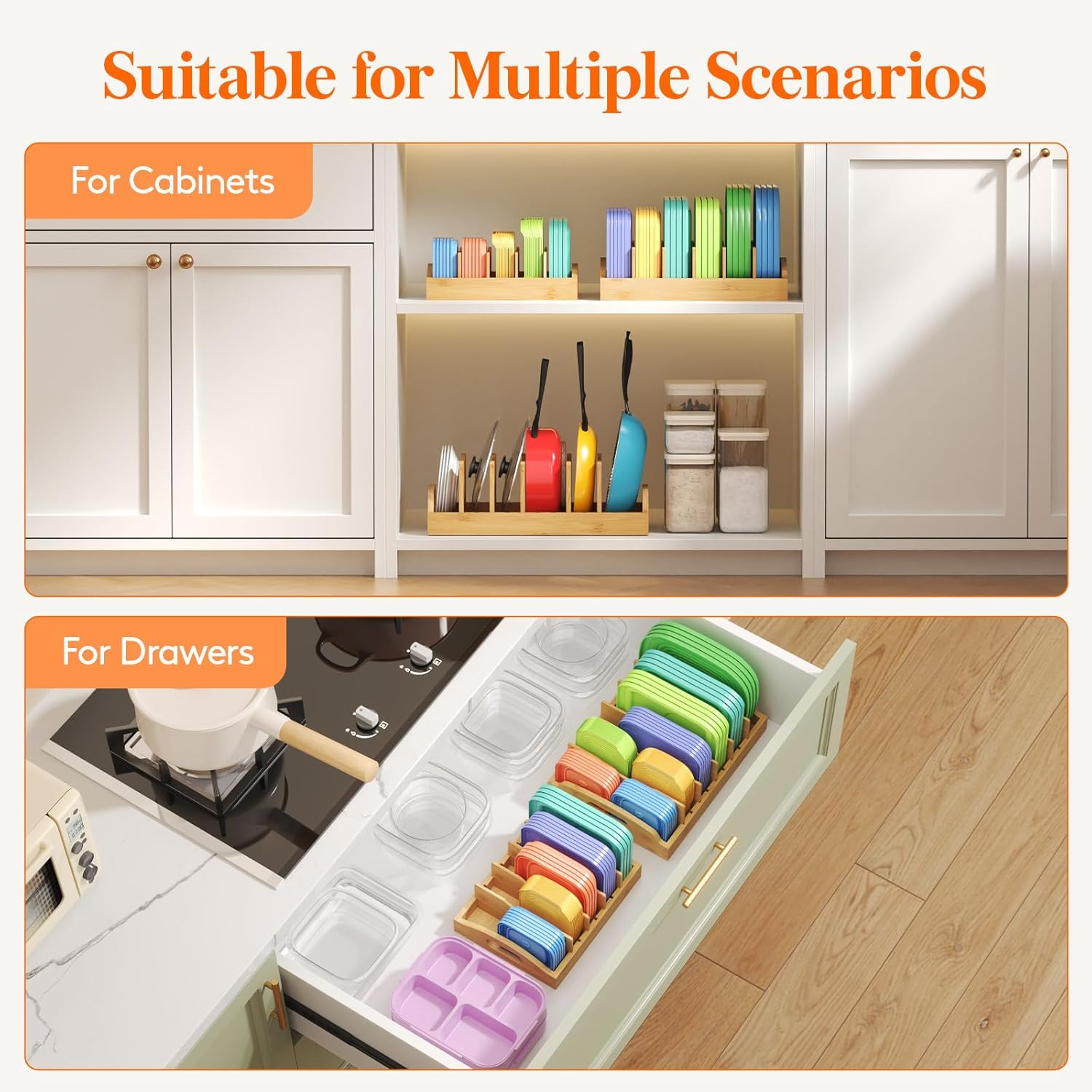 Bamboo Lid Organizer for Cabinet Adjustable Food Container Lid Holder 5 Slot