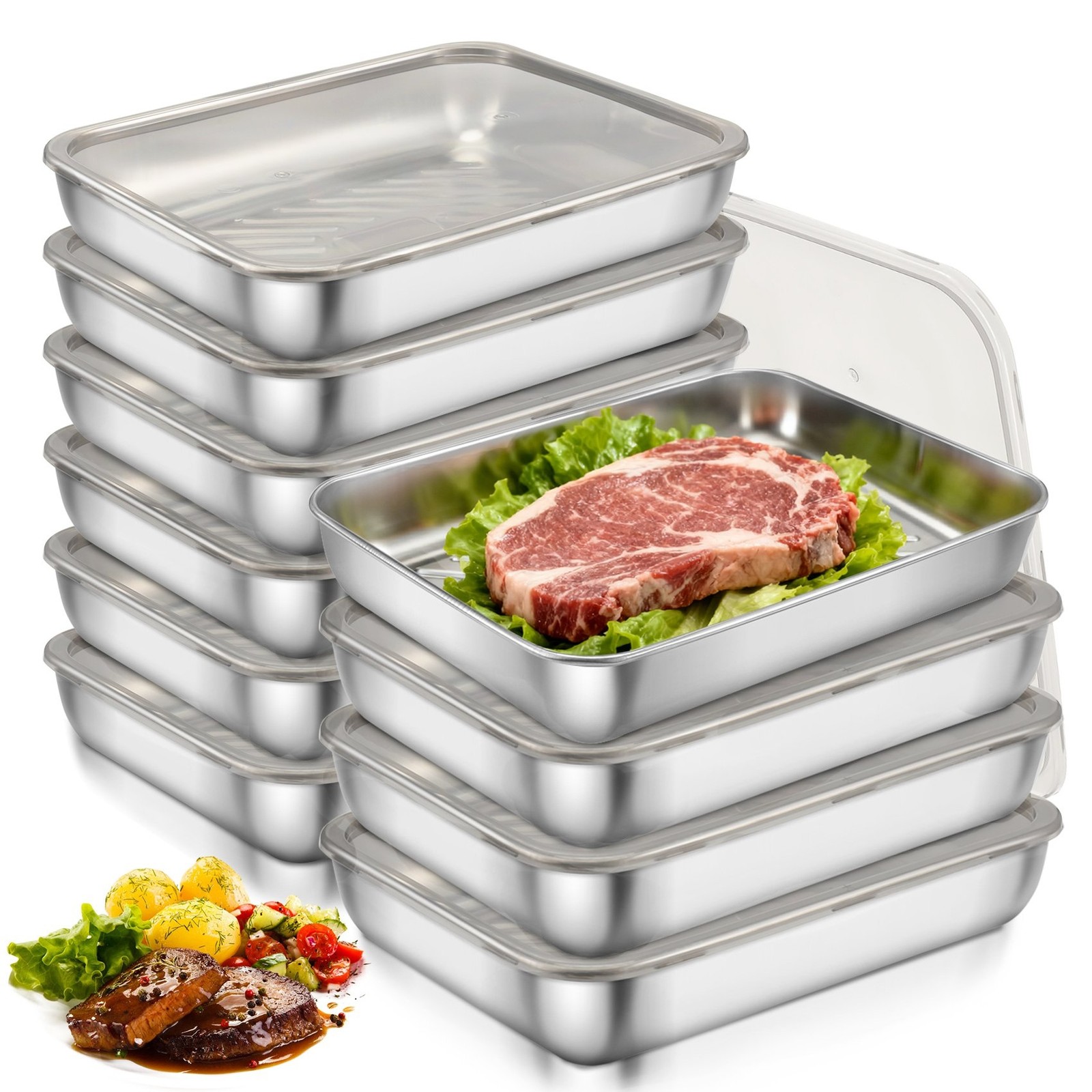 10Pcs Stainless Steel Food Storage Boxes with Viewing Lids – Fridge5047