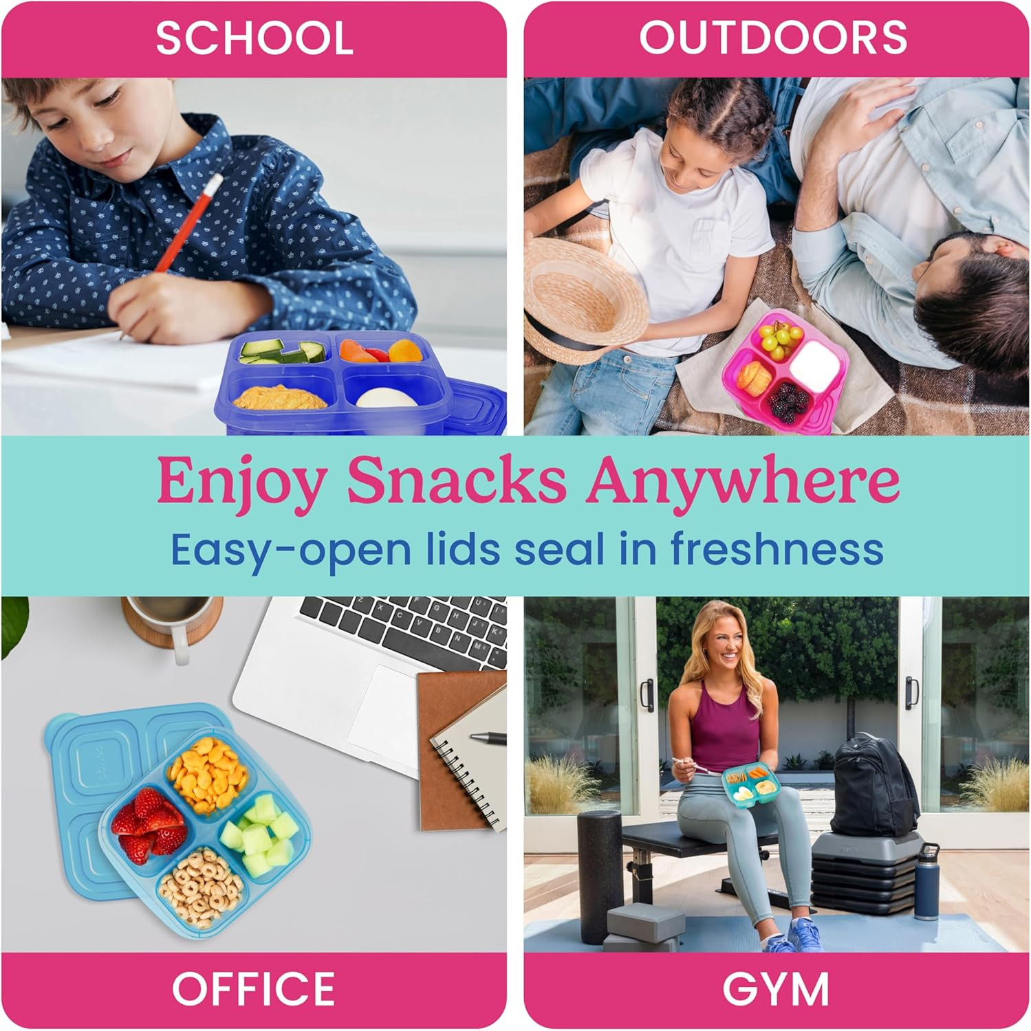 Bentgo Easyboxes 4-Compartment Snack Containers – 4 Trays & 4 Custom-Fit Lids to