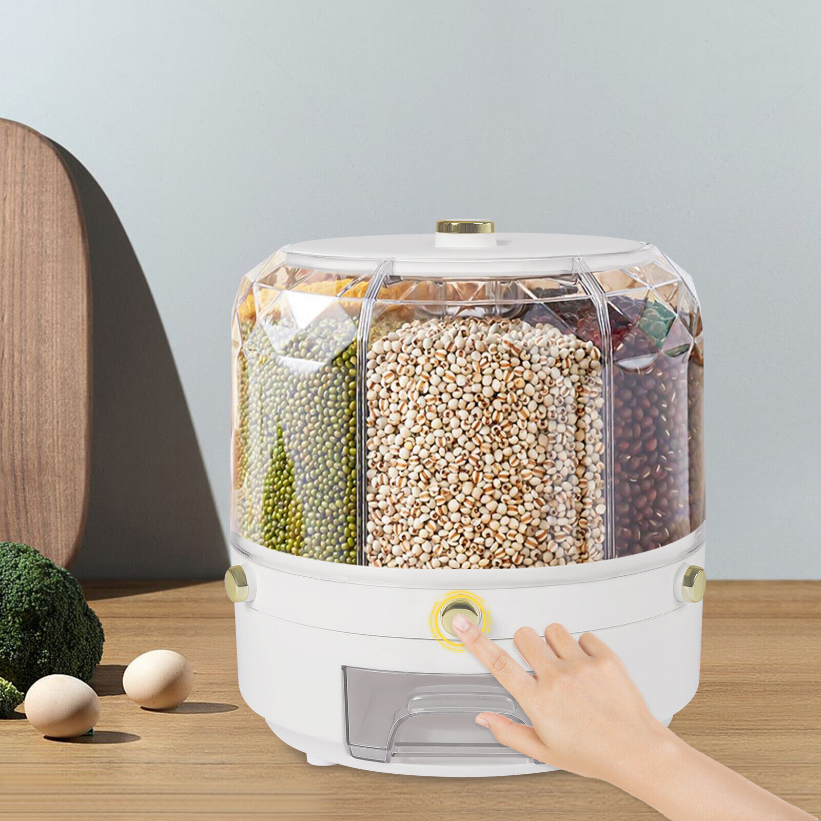 6-Grid Rotating Rice Dispenser Dry Grain Food Storage Container Tank for Kitchen