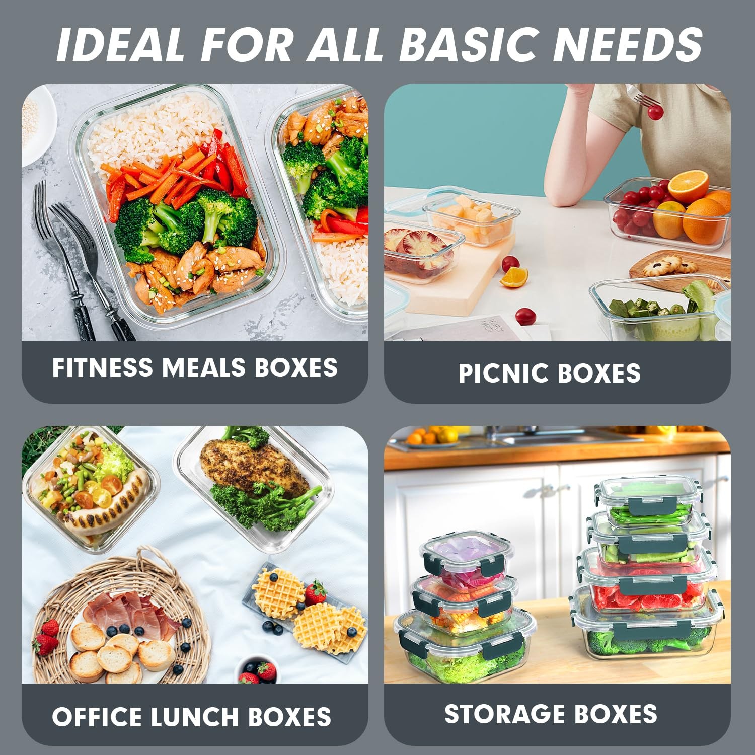 VERONES 30 Pieces Glass Meal Prep 16 inches (L) x 8 (H), Gray
