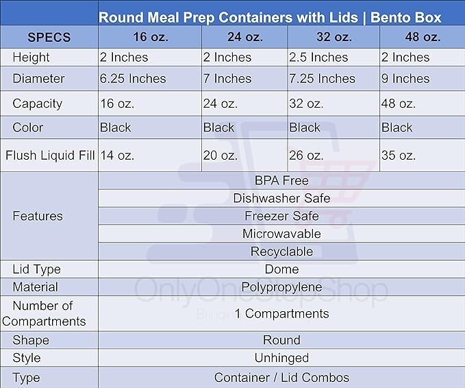 100 Pack Meal Prep 48 oz Microwaveable Food Containers With Dome Lids Black