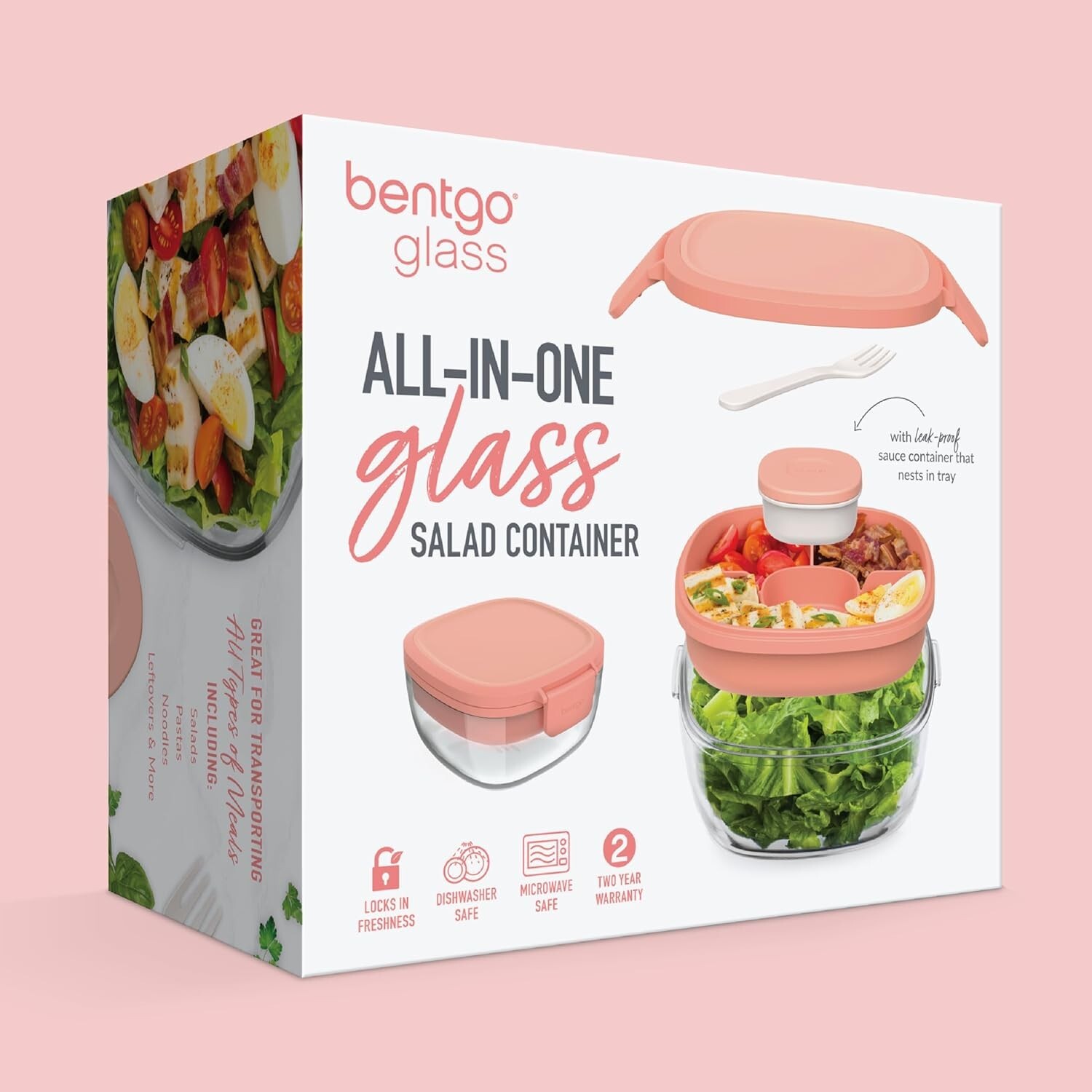61-oz Glass Salad Bowl with Bento Tray & Leak-Proof Sauce Container – Coral