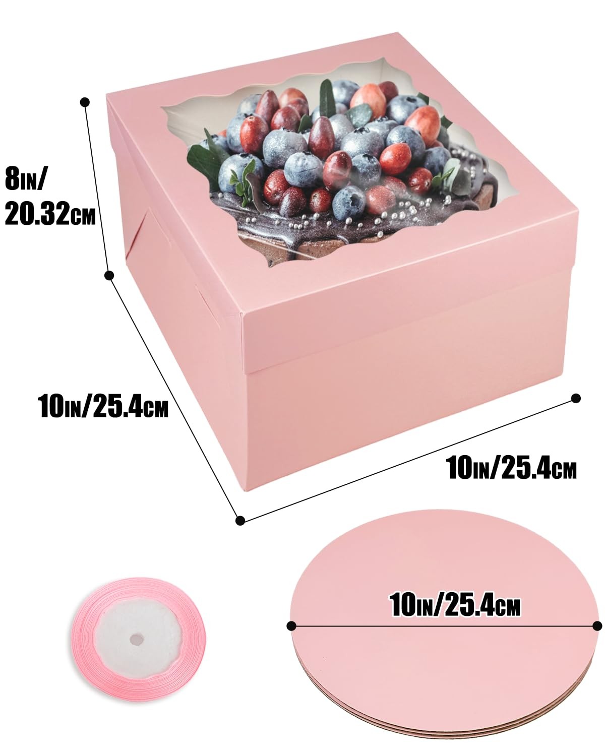 18 Sets Pink 10x10x8 Cake Box Window 10″ Round Boards Ribbon Container