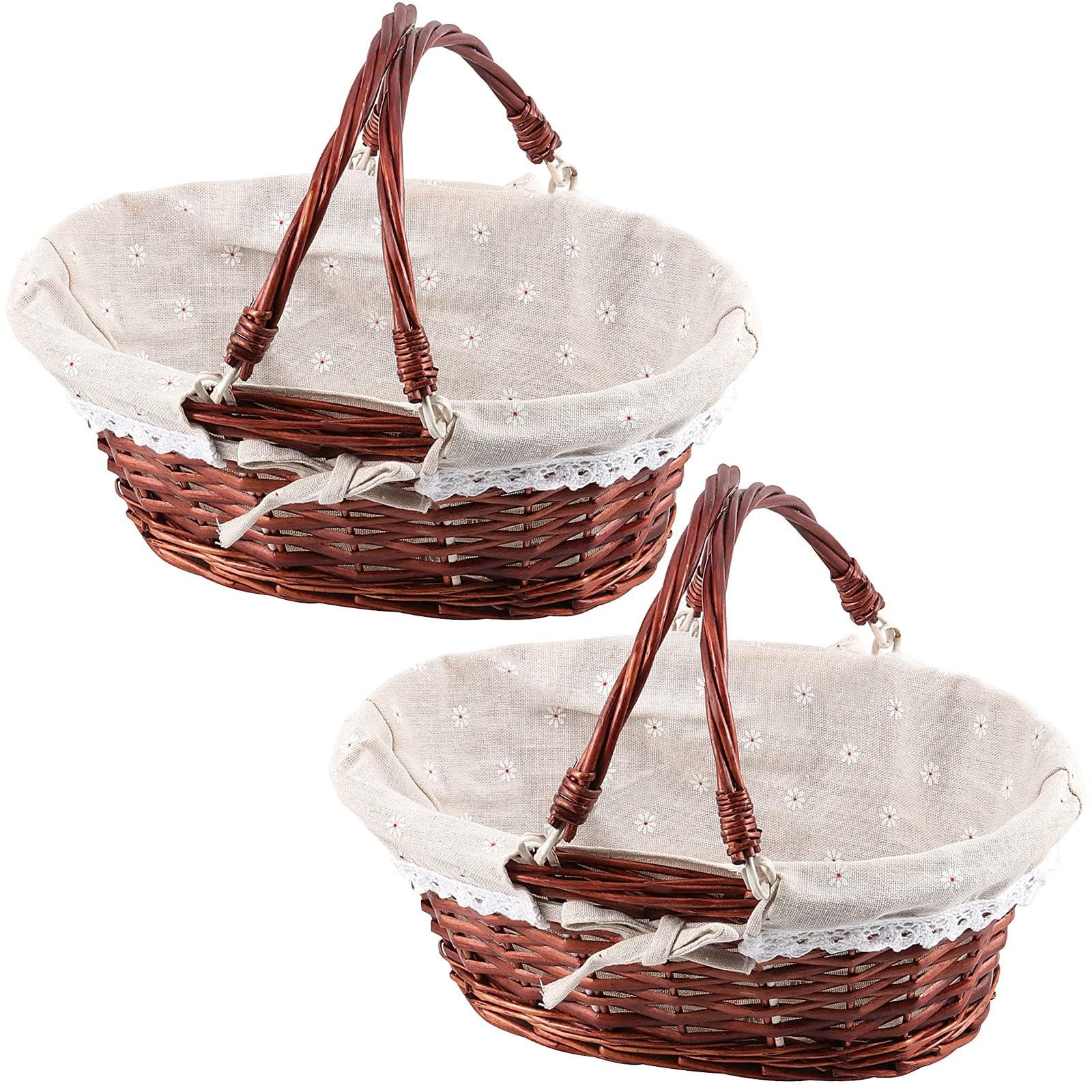 2 Pack Brown Oval Wicker Woven Willow Picnic Baskets Cotton Cloth Lining Caddy