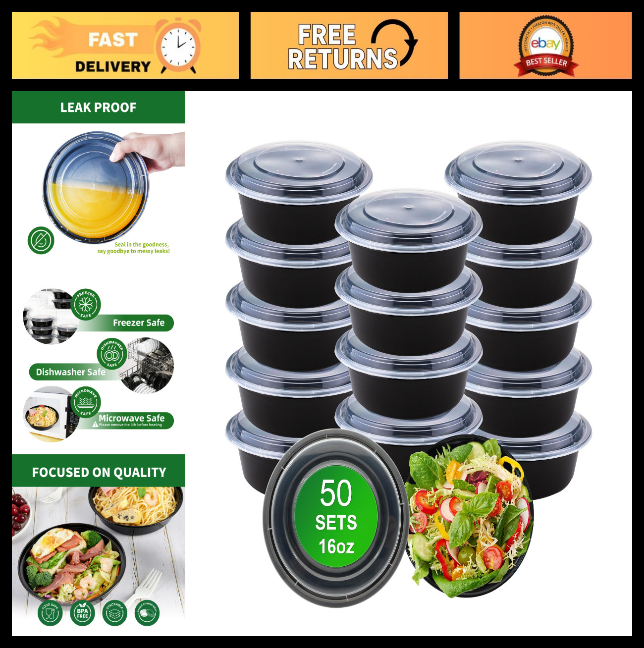 50 Pack Round Meal Prep Containers 16oz – Disposable Leakproof Food Storage, BPA