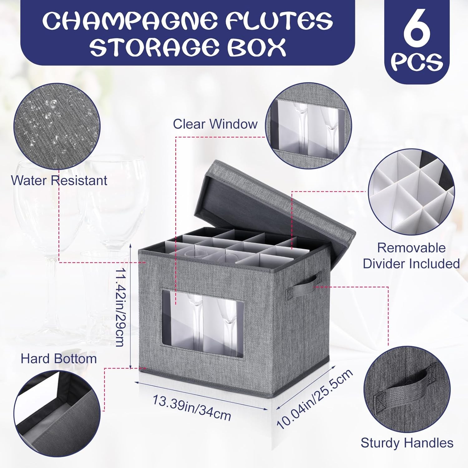 Uiifan 6 Pack Stemware Storage Box Set with Dividers, 12 Compartments Wine Glass