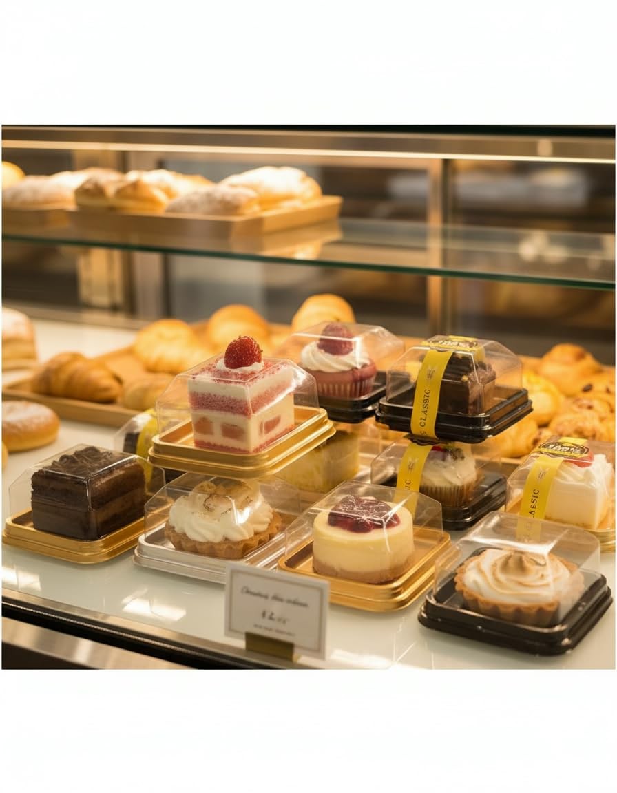 Wuqoioo Mini Cake Box, 100 Pack Clear Plastic 3.54 x 1.97 inches, Gold