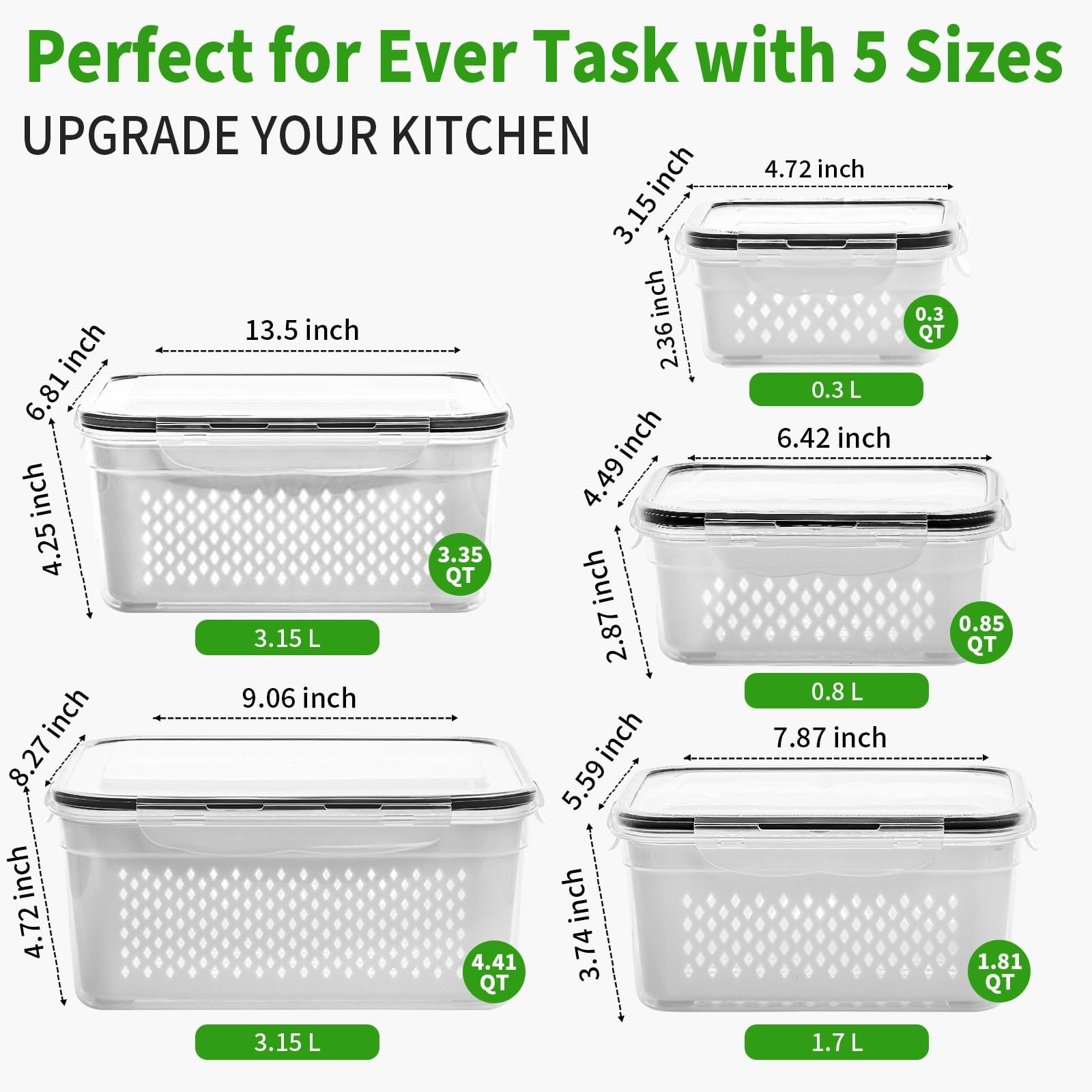 PRAKI 5Pack Large Fruit Storage Containers for Fridge with Removable Colander…