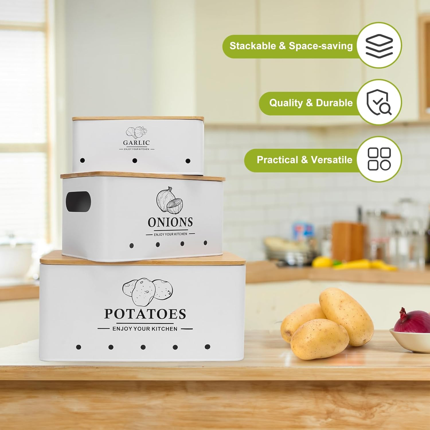 Kitchen Vegetable Storage Set of 3, Metal Onion Garlic Potato Storage Set, Kitch
