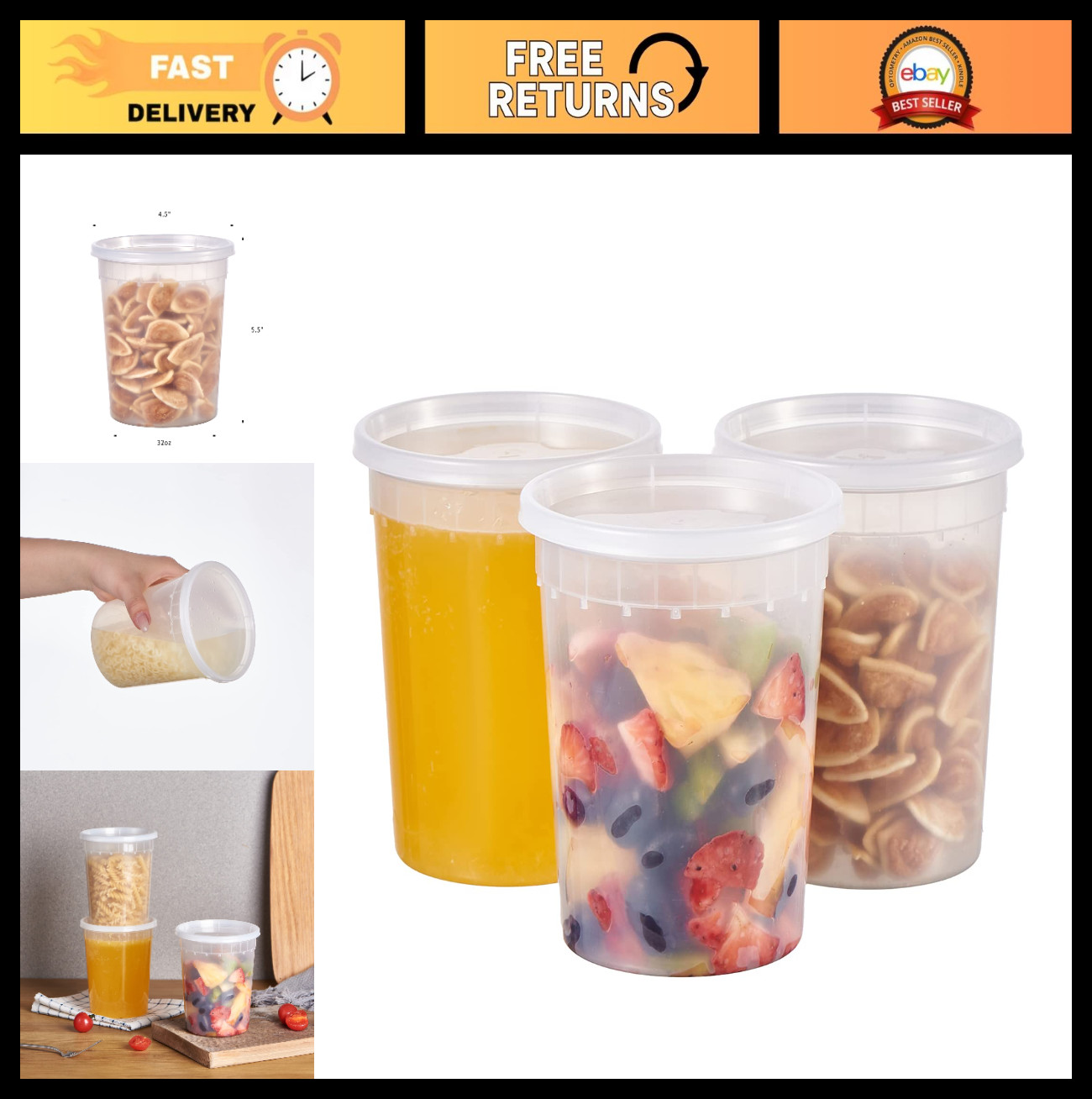 32 oz Plastic Deli Food Storage Containers – 24 Sets, Airtight Lids, Leakproof,