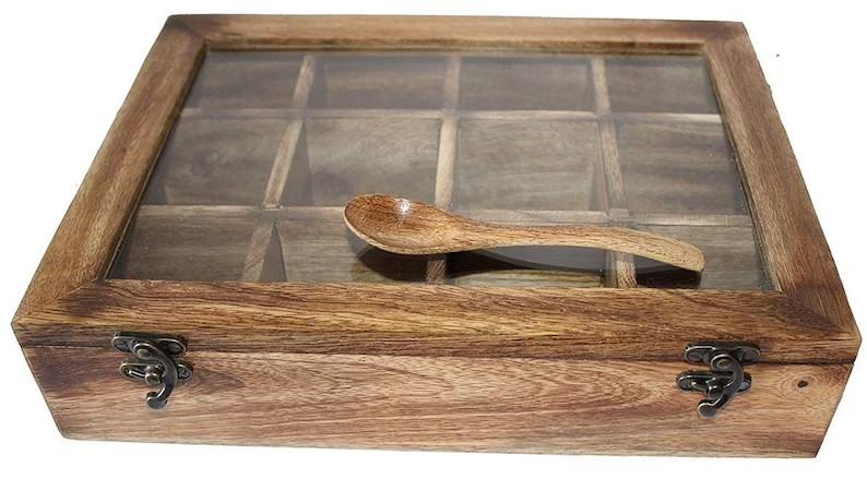 Wooden Spices Box Handcrafted With Antique Lock 12 Jar Partition With Spoon