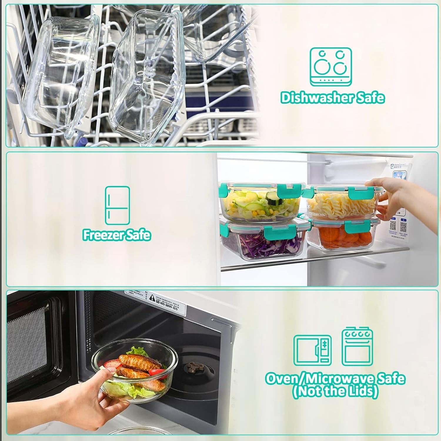 Microwave Safe Glass Containers 10 Pack Meal Prep Food Storage Green Rectangular