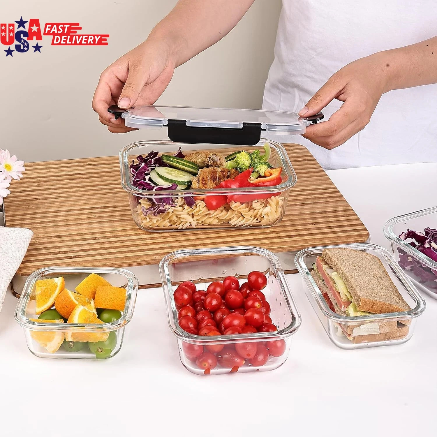 8 Pack Glass Food Storage Containers with Lids, Meal Prep Containers, Airtight B